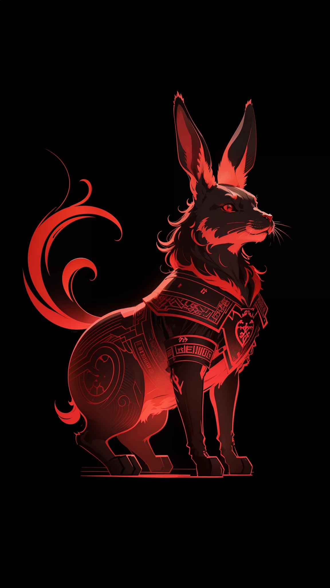 [red rabbit] Heraldic silhouette, logo masking style illustration, by dan mumford, by greg rutkowski, by james jean, black background, fantasy art, mysterious, realistic, majestic, rich vibrant colors, high contrast, seamless water brand, artstation, deviantart, dribble, redbubble, teepublic, sharp focus, simple, hyper detailed, detailed drawing, vectorize, outline, isometric style ."