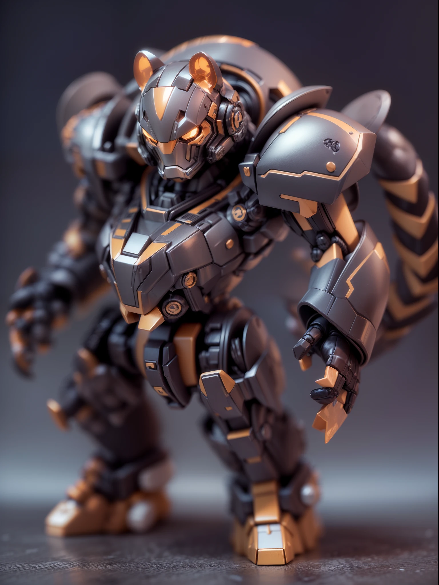 (Blind box toy style:1.3),((Full body shot))(anthropomorphism) , (1 strong tiger mecha warrior)(((solo))) metal mecha,dreamy glow, Clean dark background,Brown black style，(circular base）( Global illumination, Ray tracing, hdr, unreal render,reasonable design, high detail, Masterpiece, Best quality, hyper HD, Cinematic lighting)