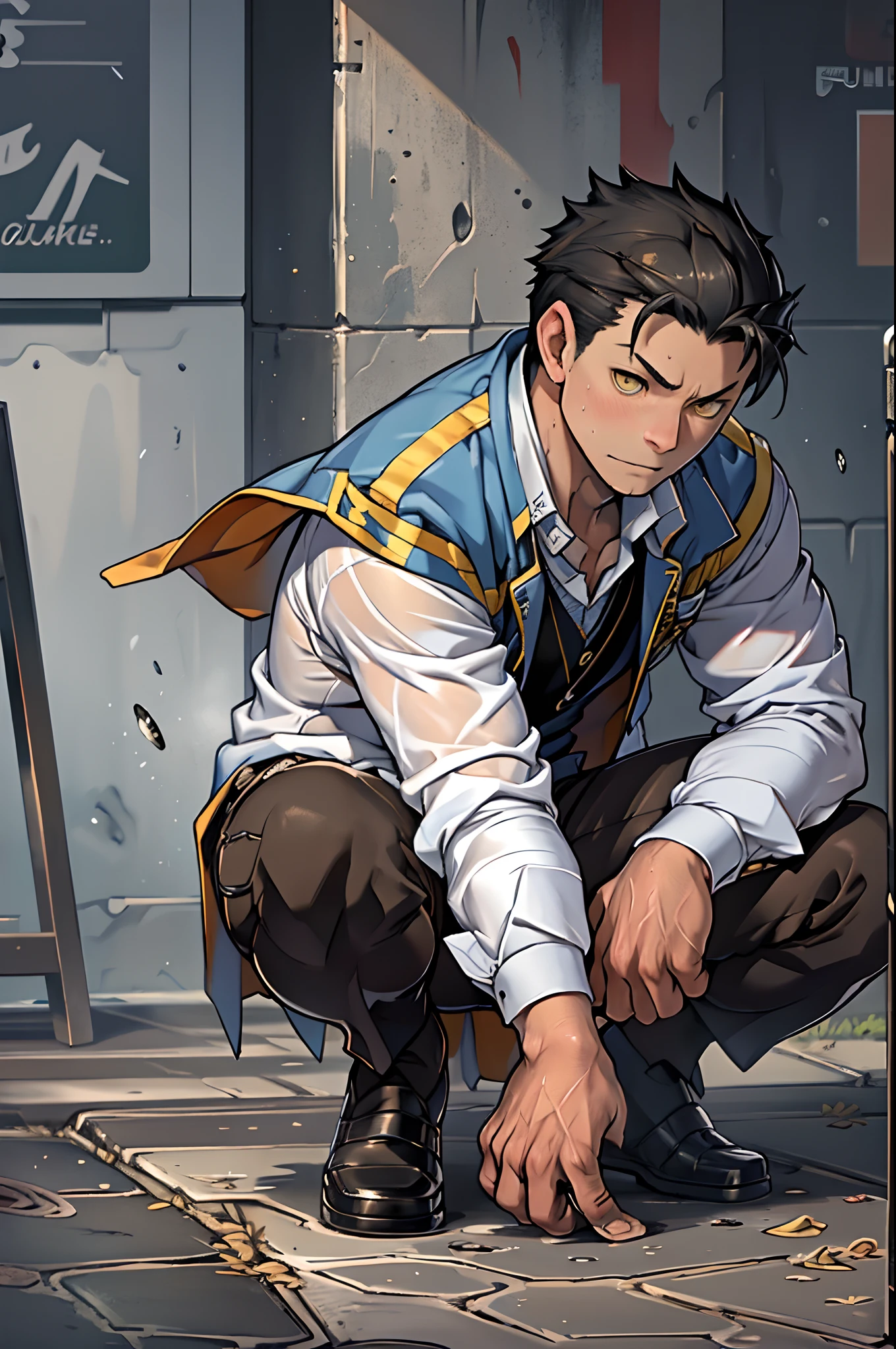 A3R1, Hector Fey ，Multi-view upper body， Suit pants view，legs separated，A3R1,pissing，Pee yourself，His own urine ran down his thighs，perfect male figure， Aerith Gainsborough ,The suit pants are wet，Urine runs down the leg of the trouser，Yellow eyes，Half squat，legs separated，Can't hold back urine，wants to pee，Wear a tie，wearing leather belt，Long Sleeve White Shirt，（The shirt is soaked），Black hair short hair，perspire，Black suit trousers，dress shoes，Nervously bow your head，is shy，embarressed，exhilarated，is shocked，panicking，worry，exteriors，On dry ground， A small puddle of his own urine formed around his feet，half squatting，Very eager to pee，Unbearable，Can't help but pee，Urine flows from the crotch to the legs，Incontinence，It's uncomfortable，Very anxious，Sweat runs from the crotch，Wet yourself，urinating，high detal，hentail realism，ultra-realistic realism，three sided view， A masterpiece of careful planning，A high resolution， hyper HD ，anatomy correct，super detailing，best qualtiy，A high resolution，8K