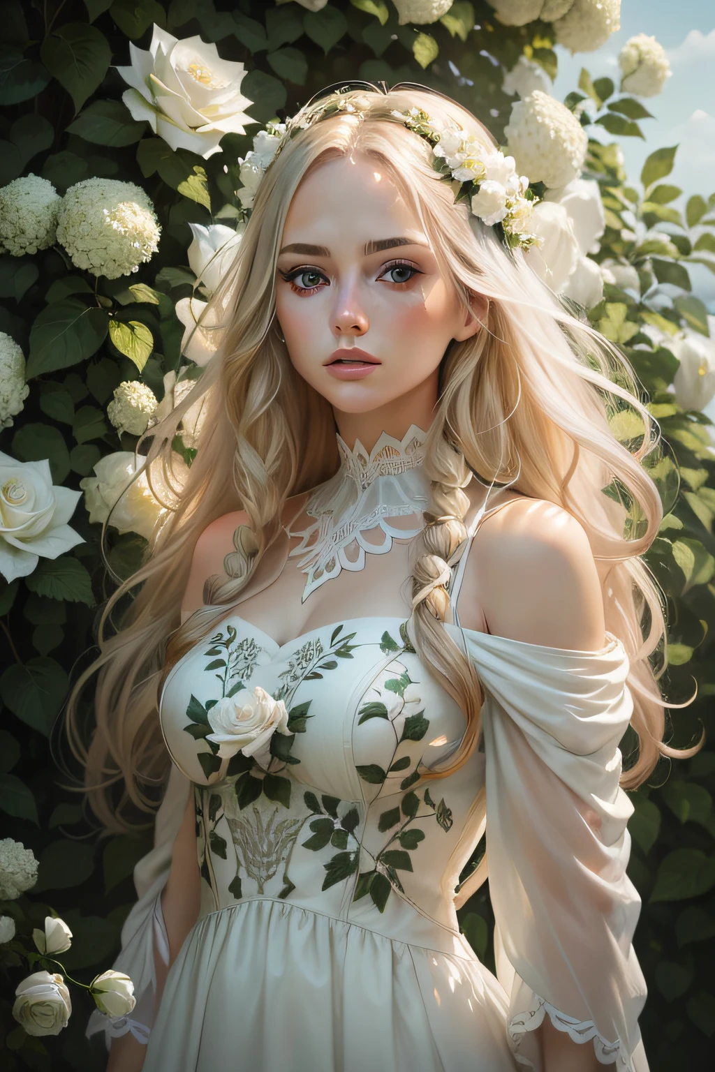 35mm, incredibly hyper-detailed and intricately realistic, full body character, adult, beautiful, female, perfect, long blonde hair, green eyes, elegant white dress, flowers in hair, detailed face, white skin, mature facial features of a woman nordica, garden background, cover art, zoom out, choker, hyper detailed painting, luminism, bar lighting, complex, 4k resolution concept art portrait, white hydrangea, white rose, white mock-orange