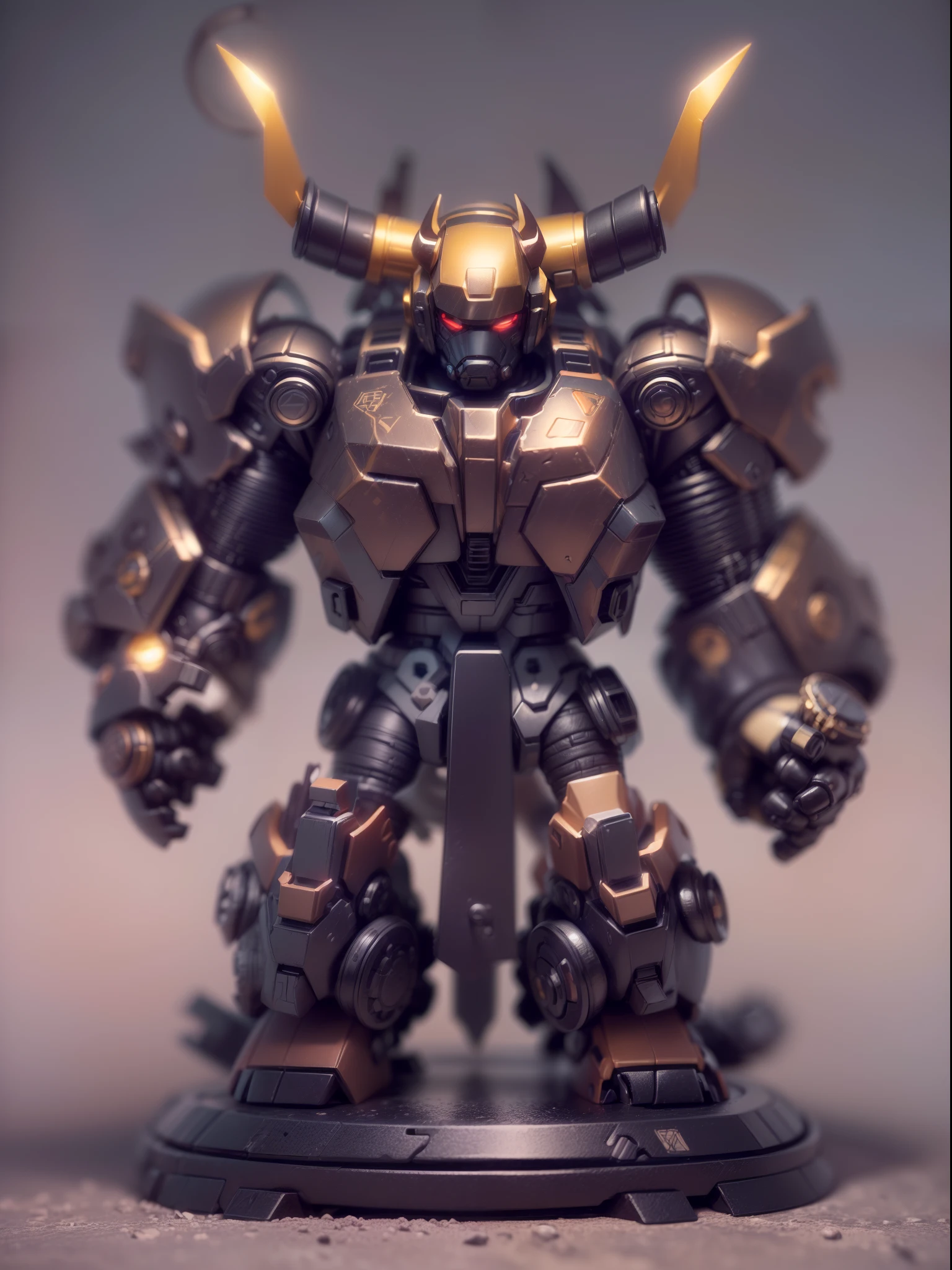 (Blind box toy style:1.3),((Full body shot))(anthropomorphism) , (1 strong bull mecha warrior)(((solo))) metal mecha,dreamy glow, Clean dark background,Brown black style,(circular base)( Global illumination, Ray tracing, hdr, unreal render,reasonable design, high detail, Masterpiece, Best quality, hyper HD, Cinematic lighting)