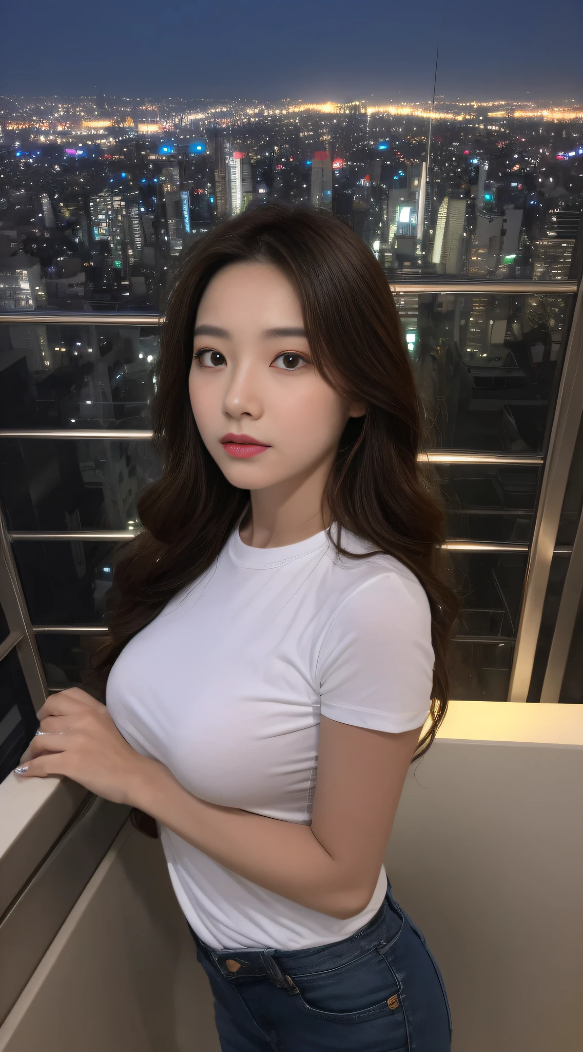 ((Midnight, Best quality, 8k, Masterpiece :1.3)), Whole body, Long legs, Sharp focus :1.2, A pretty woman with perfect figure :1.4, Slender abs :1.1, ((Dark brown hair, Big breasts :1.2)), (White tight tshirt, Jean bib, Standing:1.2), ((Night city view, Rooftop:1.3)), Highly detailed face and skin texture, Detailed eyes, Double eyelid