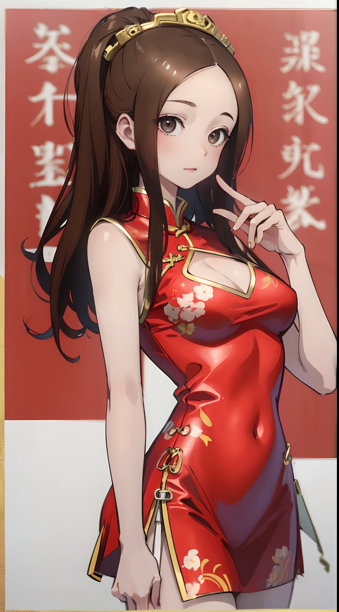 Takagi,with a pure white background,C cup,Vigorous,China-style,High-class design sense,Promotional poster style,Red cheongsam,highly rendered,详细的脸