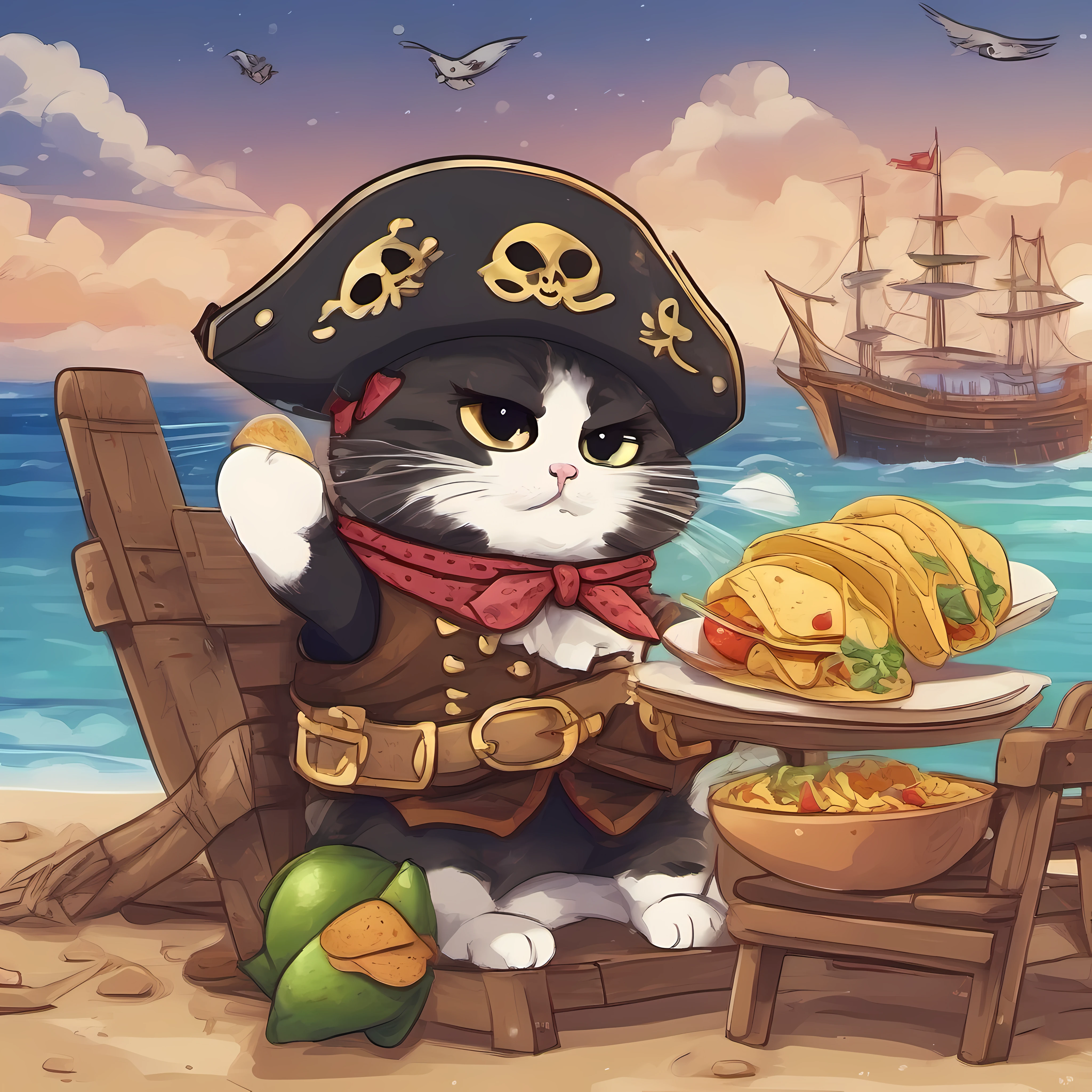 a cat eating a taco with his hand like a human, dressed as a pirate, cat with a hat on, a snowshoe(1:2) pirate cat (1:4), dressed as a pirate, cat with a hat on, cute chubby cat, cat sitting on a wooden chair, a seabeach background, pirate ship in the background, half-eaten taco