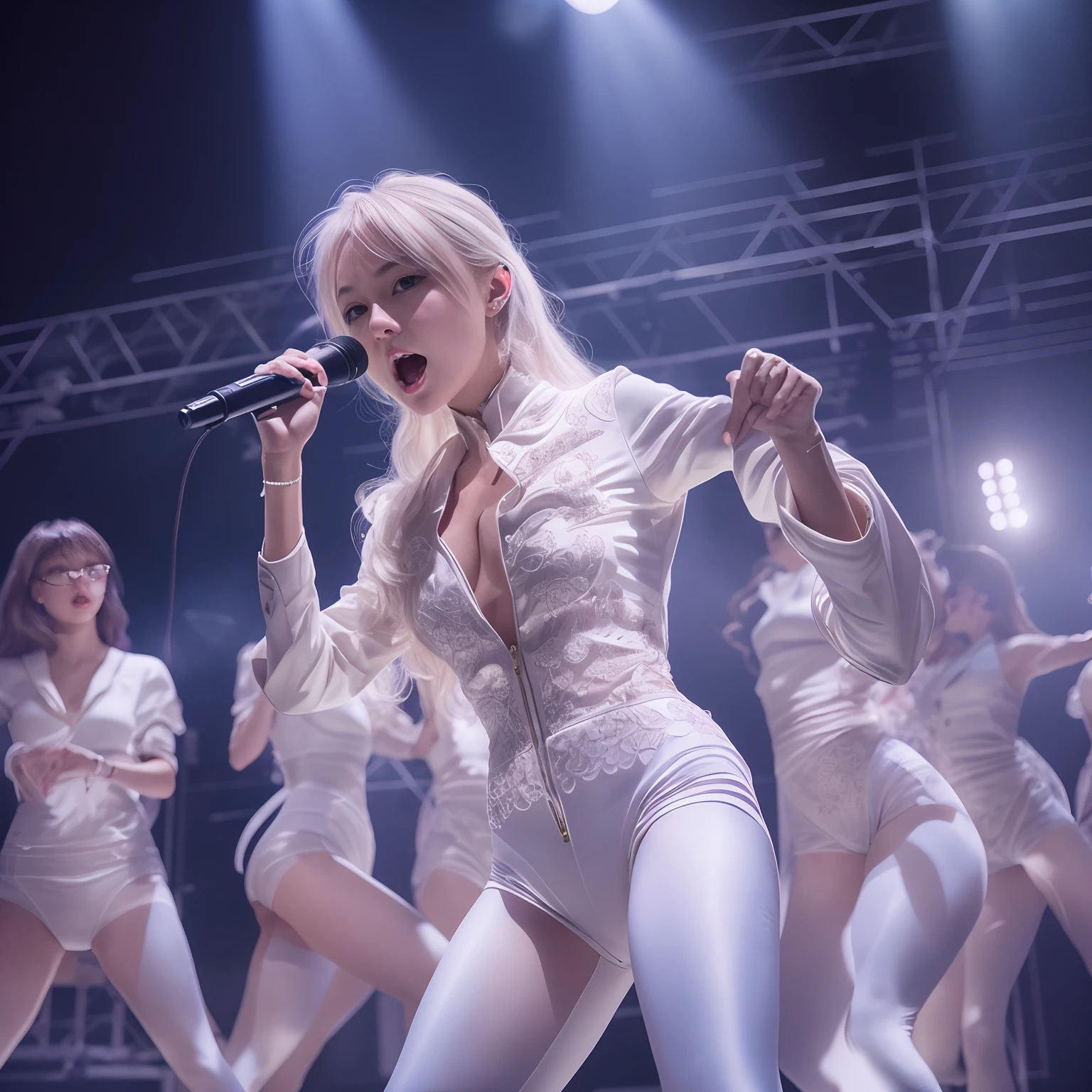 tmasterpiece，8K，high definition resolution，cinmatic lighting，theater，lamplight，perform，teens girl，((microphones))，Concert，performance，tightsuit，singers，idoly，cropped shoulders，Bare thighs，hyperdetailed face, Detailed eyes, 二重まぶた，((Ultra-detailed)),((Delicate face)), Beautiful detailed eyes, (high light,Gradient hair),Long hair, Floating hair,  GSHea，The eye,Genshin_impact,Look at the viewer, ((Distant view)), Strong light and shadow, Cinema lenses，tmasterpiece，Super quality，theater stage，real silk，18yr old，Big eyes，A woman in a white tights holds a microphone and sings on stage, inspired by Vanessa Beecroft, wearing white straitjacket, Korean concerts, Inspired by Hajime Sorayama, singing on stage, style of hajime sorayama, Wearing white tights,  wearing bodysuit,Stylish lenses