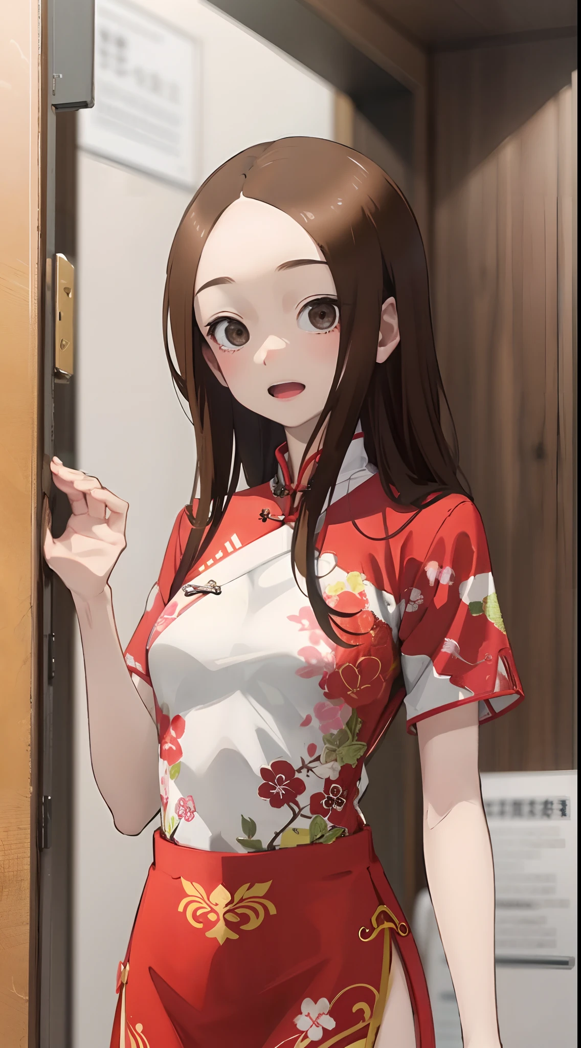 Takagi,with a pure white background，C cup，Vigorous，China-style，High-class design sense，Promotional poster style，Red cheongsam，highly rendered，详细的脸