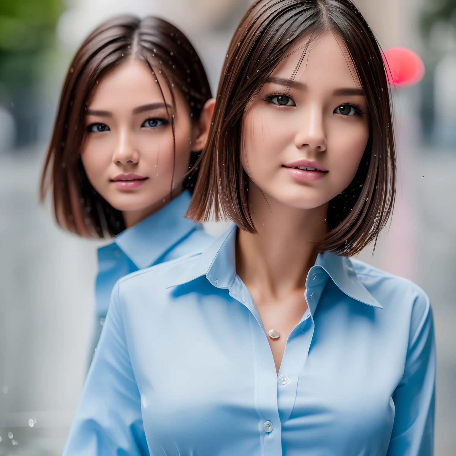 ((Best quality, 8k, Masterpiece :1.3)), Sharp focus :1.2, A pretty woman with perfect figure :1.4, Slender abs :1.2, ((Layered haircut, Big breasts :1.2)), (Wet thin button up long shirt :1.1), (Rain, Street:1.2), Wet body :1.1, Highly detailed face and skin texture, Detailed eyes, Double eyelid