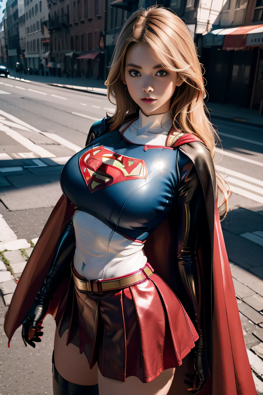 (1girl:1.3), 独奏,__body-parts__, offcial art, 统一 8k 壁纸, ultra - detailed, Beautiful and aesthetic, big breasts beautiful, tmasterpiece, Best quality at best, RAW,tmasterpiece,ultra fine photos,Medium breast,best qualtiy,超高分辨率,Photoreality,rays of sunshine,full-body portraits,Amazing beauty of the navel,,dynamicposes,delicated face,Long blonde hair flutters in the wind,Vibrant blue eyes,(seen from the front),Sit on the roof or fly in the sky,She wears a torn gummy full-body Superman skirt,Full suit,(Short red lace skirt),blue-black top,Red cape,over-Tortoise Man,A capital X on the chest,Very detailed abandoned warehouse background,detailed face with,Detailed and complex busy background,untidy,opulent,milkyW,Highly detailed skin,Realistic details of skin,Visible Pore,tack sharp focus,volume fog,8k uhd,digital SLR camera,high qulity,filmgrain,White skin of the,photo-realism,lomography,Huge metropolis in a dystopia of the future , looking from above,Half squatted on the ground