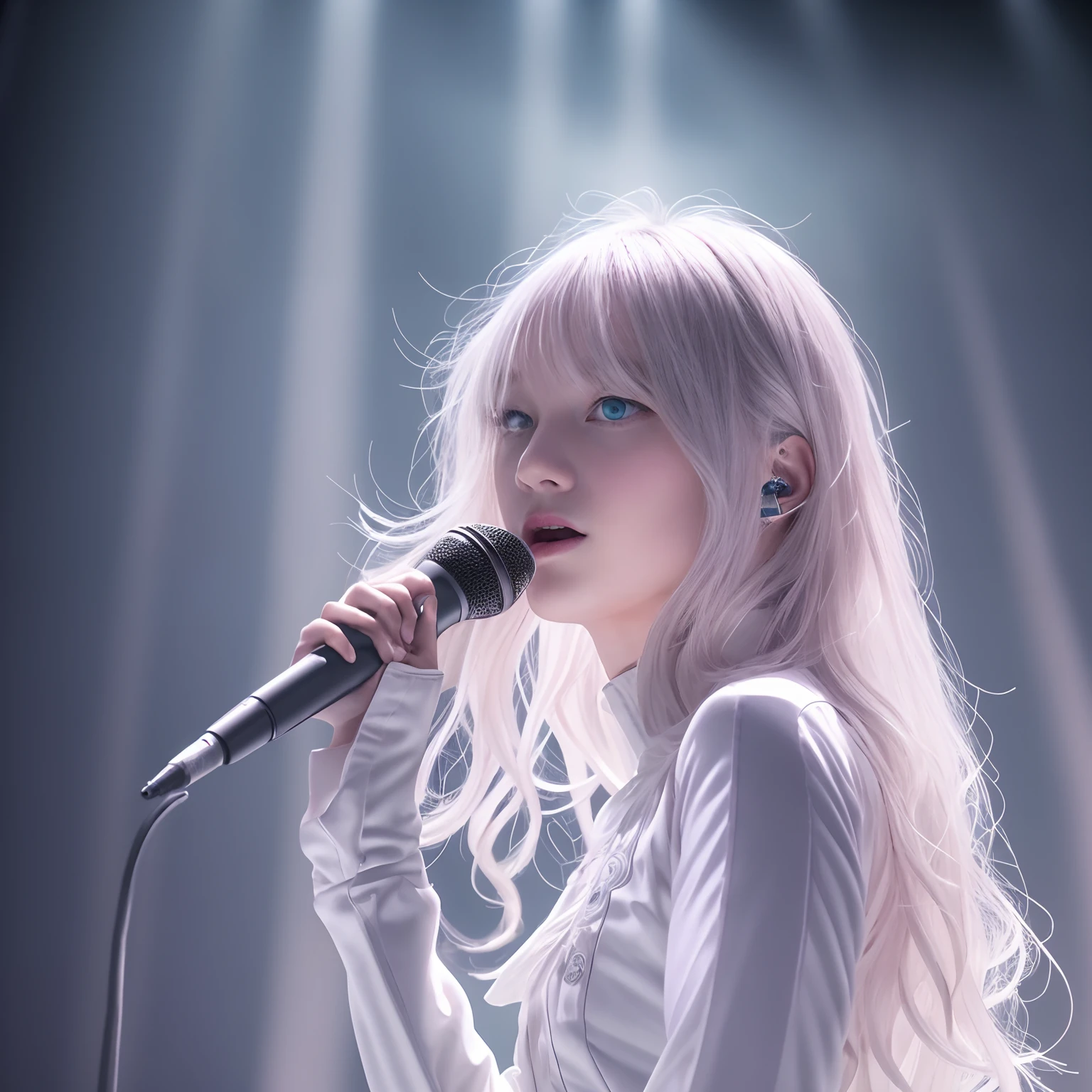 tmasterpiece,8K,high definition resolution,cinmatic lighting,theater,lamplight,perform,s girl,((microphones)),Concert,performance,tightsuit,singers,idoly,cropped shoulders,Bare thighs,hyperdetailed face, Detailed eyes, 二重まぶた,((Ultra-detailed)),((Delicate face)), Beautiful detailed eyes, (high light,Gradient hair),Long hair, Floating hair, GSHea,The eye,Genshin_impact,Look at the viewer, ((Distant view)), Strong light and shadow, Cinema lenses,tmasterpiece,Super quality,theater stage,real silk,18yr old,Big eyes,A woman in a white tights holds a microphone and sings on stage, inspired by Vanessa Beecroft, wearing white straitjacket, Korean concerts, Inspired by Hajime Sorayama, singing on stage, style of hajime sorayama, Wearing white tights, wearing bodysuit,Stylish lenses