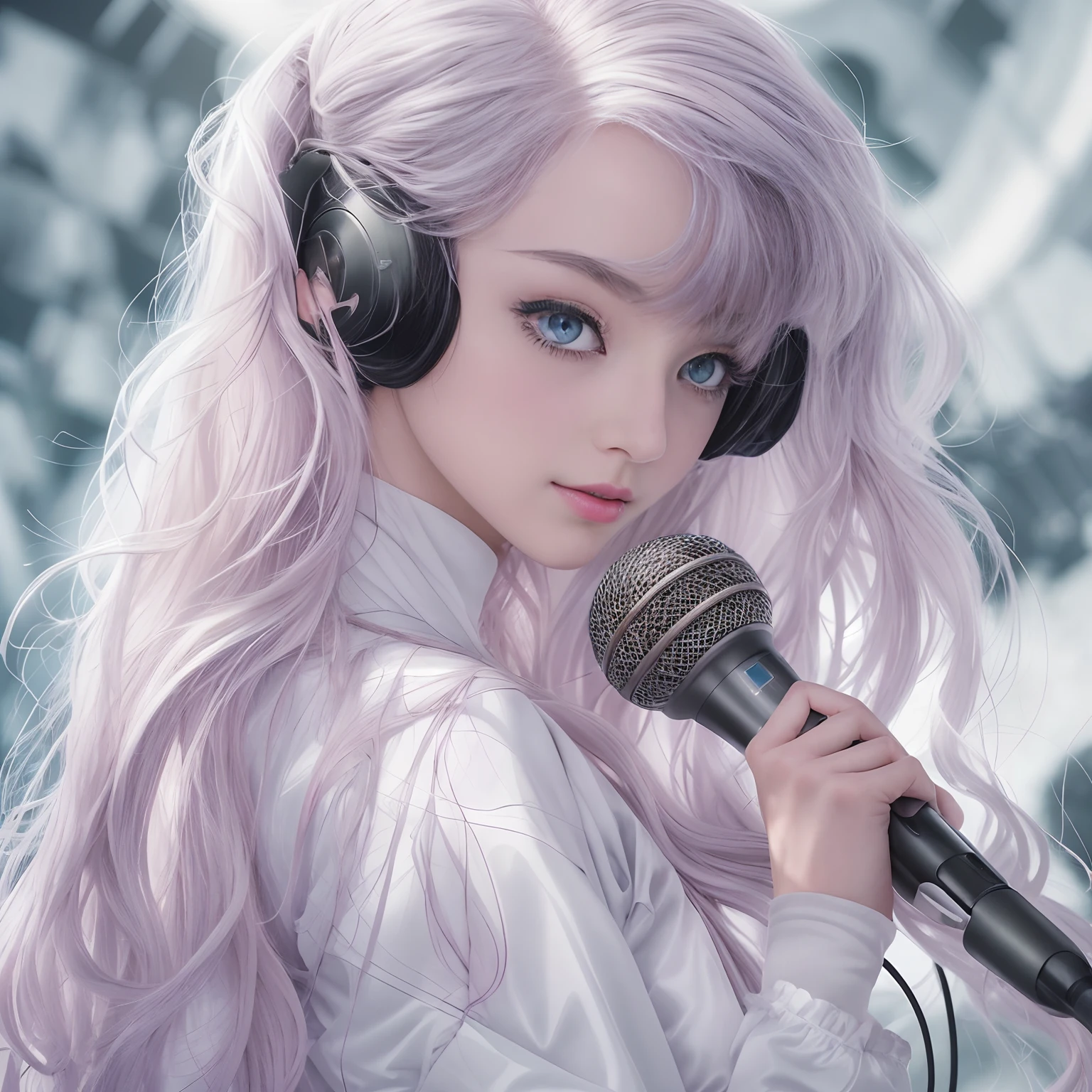 tmasterpiece,8K,high definition resolution,cinmatic lighting,theater,lamplight,perform,s girl,((microphones)),Concert,performance,tightsuit,singers,idoly,cropped shoulders,Bare thighs,hyperdetailed face, Detailed eyes, 二重まぶた,((Ultra-detailed)),((Delicate face)), Beautiful detailed eyes, (high light,Gradient hair),Long hair, Floating hair, GSHea,The eye,Genshin_impact,Look at the viewer, ((Distant view)), Strong light and shadow, Cinema lenses,tmasterpiece,Super quality,theater stage,real silk,18yr old,Big eyes,A woman in a white tights holds a microphone and sings on stage, inspired by Vanessa Beecroft, wearing white straitjacket, Korean concerts, Inspired by Hajime Sorayama, singing on stage, style of hajime sorayama, Wearing white tights, wearing bodysuit,Stylish lenses