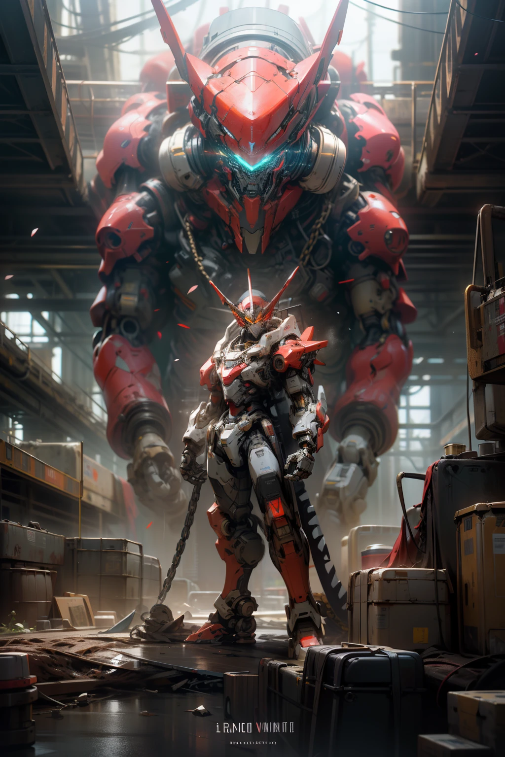 on moon，废墟，，without humans，with light glowing，Very large robots，Small and complex building，glowing light eyes，red color mecha，Realistis，Planet background，neonlight，8k wallpaper，Hyper-detailed work，Cinematic lighting，photograph of-realistic，Dark_Fantasy,Cyberpunk,(chain saw,chain saw man,Red:1.1),1man,Mechanical marvel,Robotic presence,Cybernetic guardian,Dressed in a shabby mech，iintricate，（Steel metal[rusted]），ellegance，Clear focus，Photo by Greg Rutkowski，gentlesoftlighting，vivd colour，tmasterpiece，（（the street）），Half-body dynamic pose， Negative label
