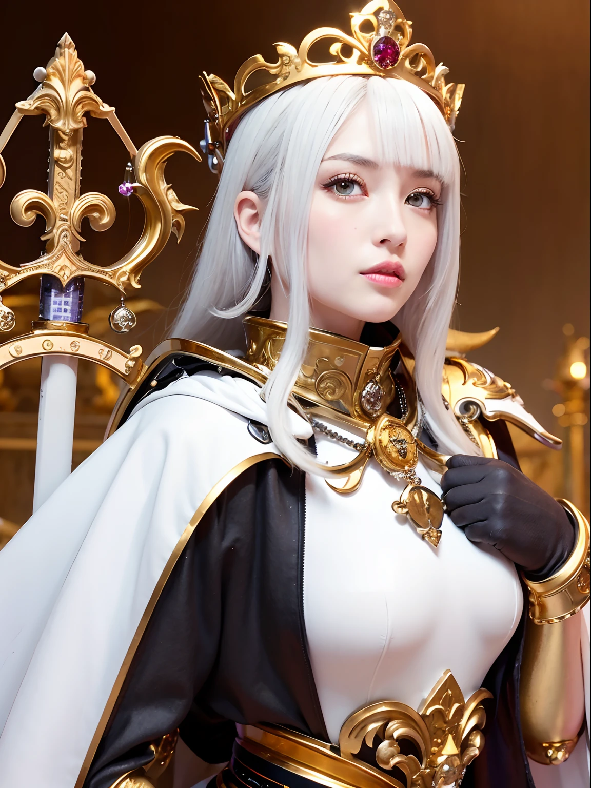 (masutepiece), Professional , masterpiece、top-quality、photos realistic , depth of fields (Gemstone Silver Metal Body:1.9),(Matte White、Jewel Gold Weapon(Jewel Metal Body:1.4),Gorgeous metal weapons , Detailed Sword of the Brave , Beautiful knife ,warhammer 40k , adepta sororitas,Detail and ornate jewel crown、Black hair、Gangle's forest background、Beautiful Caucasian beauty、1a person、dynamic ungle,(((Detailed and ornate diamond crown)))、Smaller head、A smile、Take a y pose、Background inside the castle、Thin and beautiful female hands、