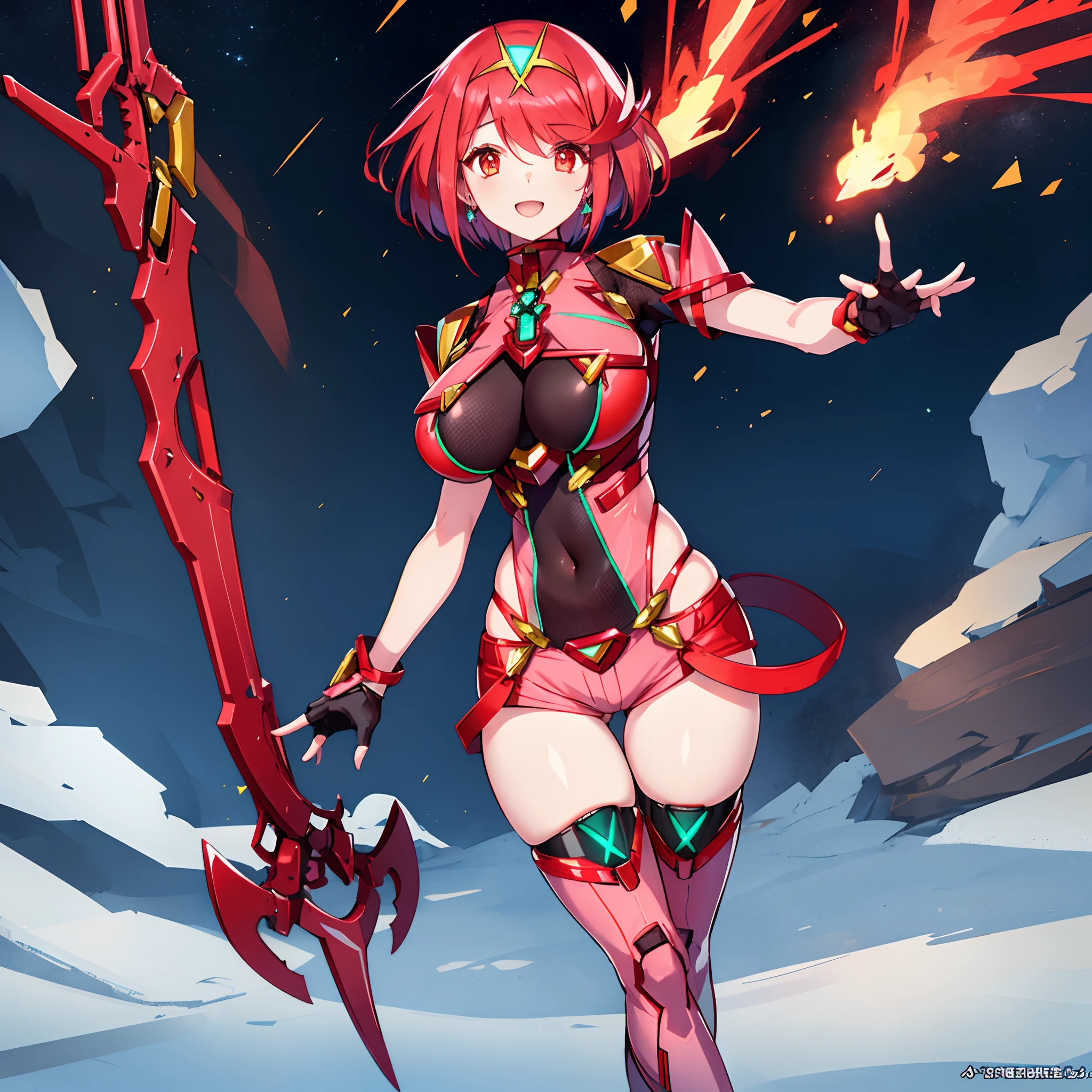 pyra \(xenoblade\), teen_1girl, armor, bangs, black gloves, breasts, red eyes, closed mouth, earrings, eyelashes, fingerless gloves, floating hair, framed breasts, gem, gloves, hair ornament, headpiece, jewelry, big_breasts, leaning back, leotard, neon trim, official art, pose, red hair, red shorts, saitou masatsugu, short hair, short shorts, short sleeves, shorts, sidelocks, skin tight, solo, standing, swept bangs, thighhighs, tiara, night_prairie_background, turtleneck, underbust, vambraces, xenoblade chronicles \(series\), (xenoblade chronicles 2), apart_legs, fire_effect,dynamic_pose,fighting,light_smile, (plump:1.1), big_ass,huge_sword, hold_large_sword_hilt, (solo:1.2), covered_nipples, covered_pussy,open_mouth,back_view, fists,slouch