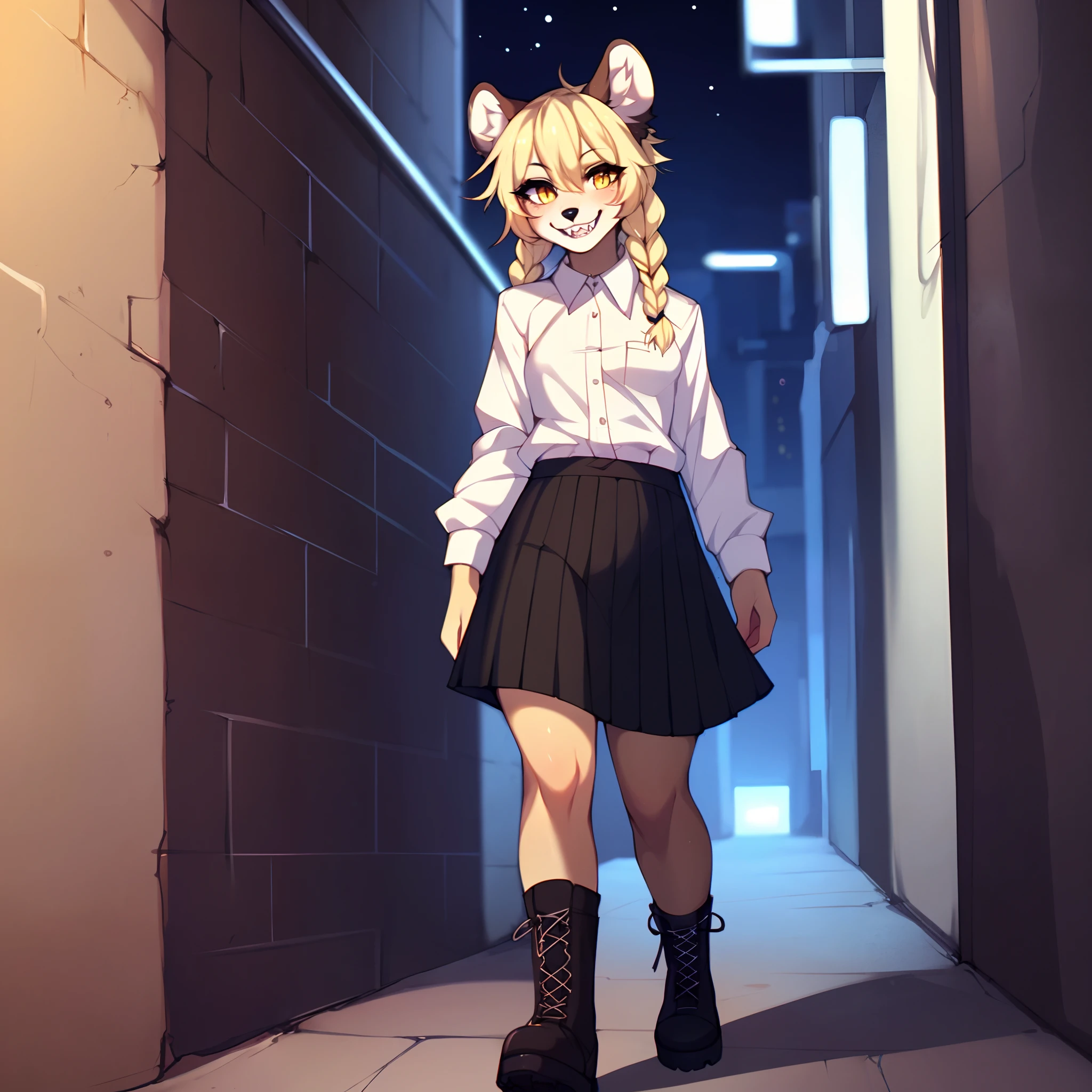 (By hyattlen, by fumiko, by claweddrip):1.2, solo, one girl, a cute tan anthro furry hyena girl, female, fluffy brown ears, (tan_fluffy_body:1.1), black nose, luminescent yellow eyes, (cute_snout:1.1), fluffy tail, long blonde hair, sharp big canine teeth, French braided hair, small breasts, wearing white button up shirt, long black skirt, combat boots, walking down a narrow dark alley, nighttime, touching the wall, grinning, big long sharp teeth, dimly lit