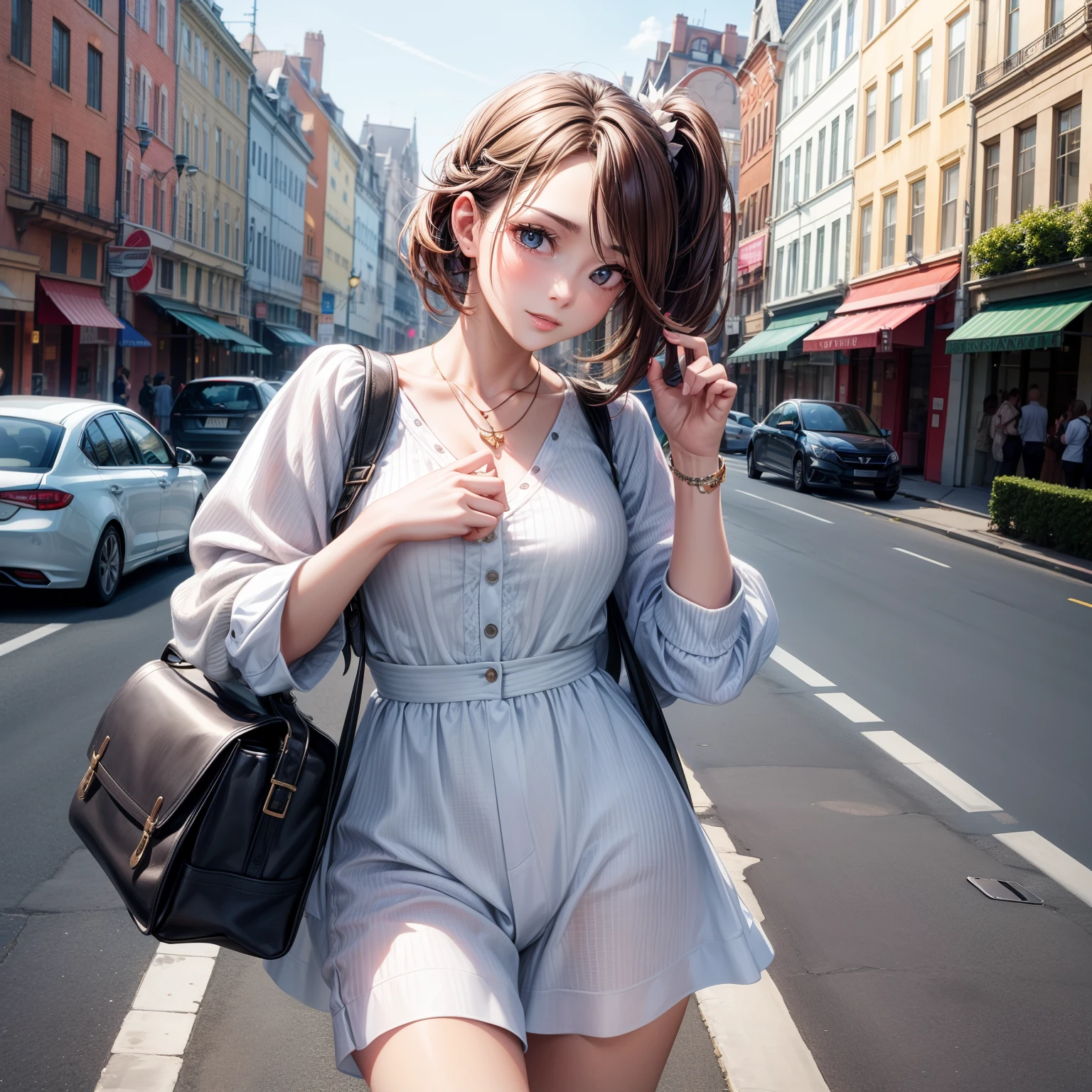 Beutiful women,Fiddling with your phone in the middle of the street,Short clothes, Exquisite hand details