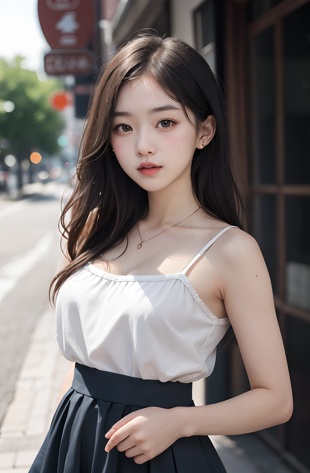 1girl, cute, 16 years old, sexual expression, look at viewer, spaghetti strap top ,bias cut skirt, photo, realistic, best quality, hires, detailed face, detailed background, diffused lighting, depth of field, bokeh,