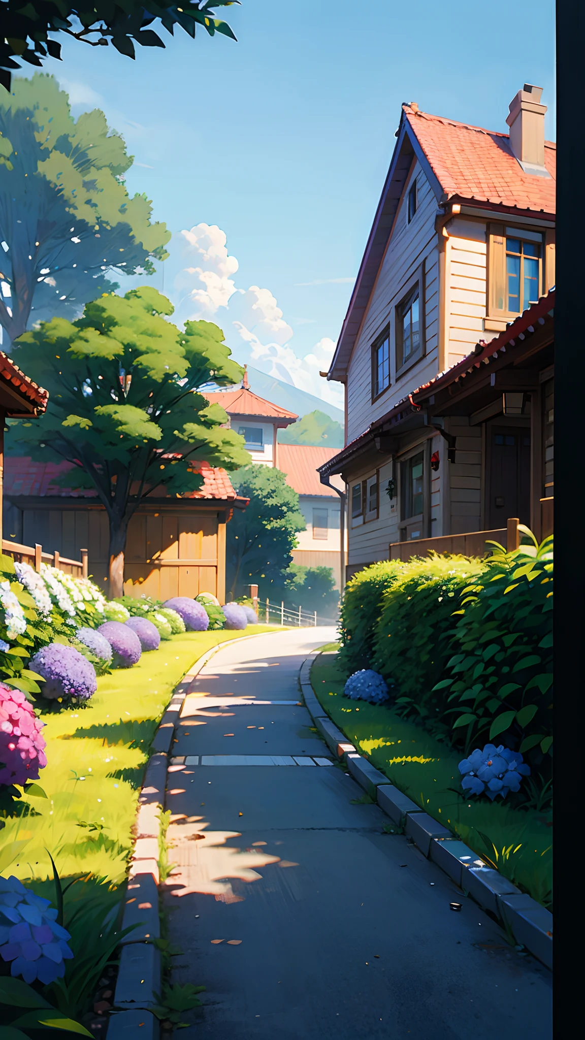 (ultra high res,photorealistic,best quality,photo-realistic),(8k,raw photo,best quality,masterplece),(photon mapping,radiosity,physically-based rendering,automatic white balance),real person,photograph,bridge, building, bush, city, cloud, day, door, fence, field,orest, garden, grass, house, hydrangea, mountain, nature, no_humans, outdoors, path, plant, potted_plant, purple_flower, road, scenery, sky, skyscraper, traditional_media, tree,