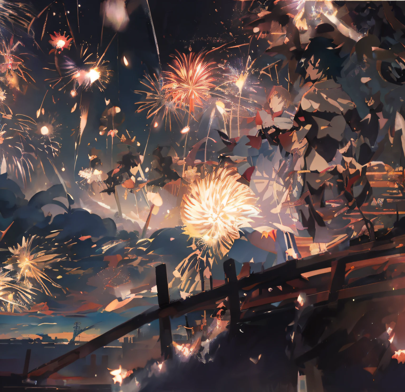 Fireworks are lit in the sky above the bridge, kyoto animation still, [ fireworks in the sky ]!!, cheerfulness!!!, Best anime 4k konachan wallpaper, Fireworks, ( ( Makoto Shinkai ) ), fire works, anime beautiful peace scene, beautiful anime scenes, Anime art wallpaper 4 K, Anime art wallpaper 4k