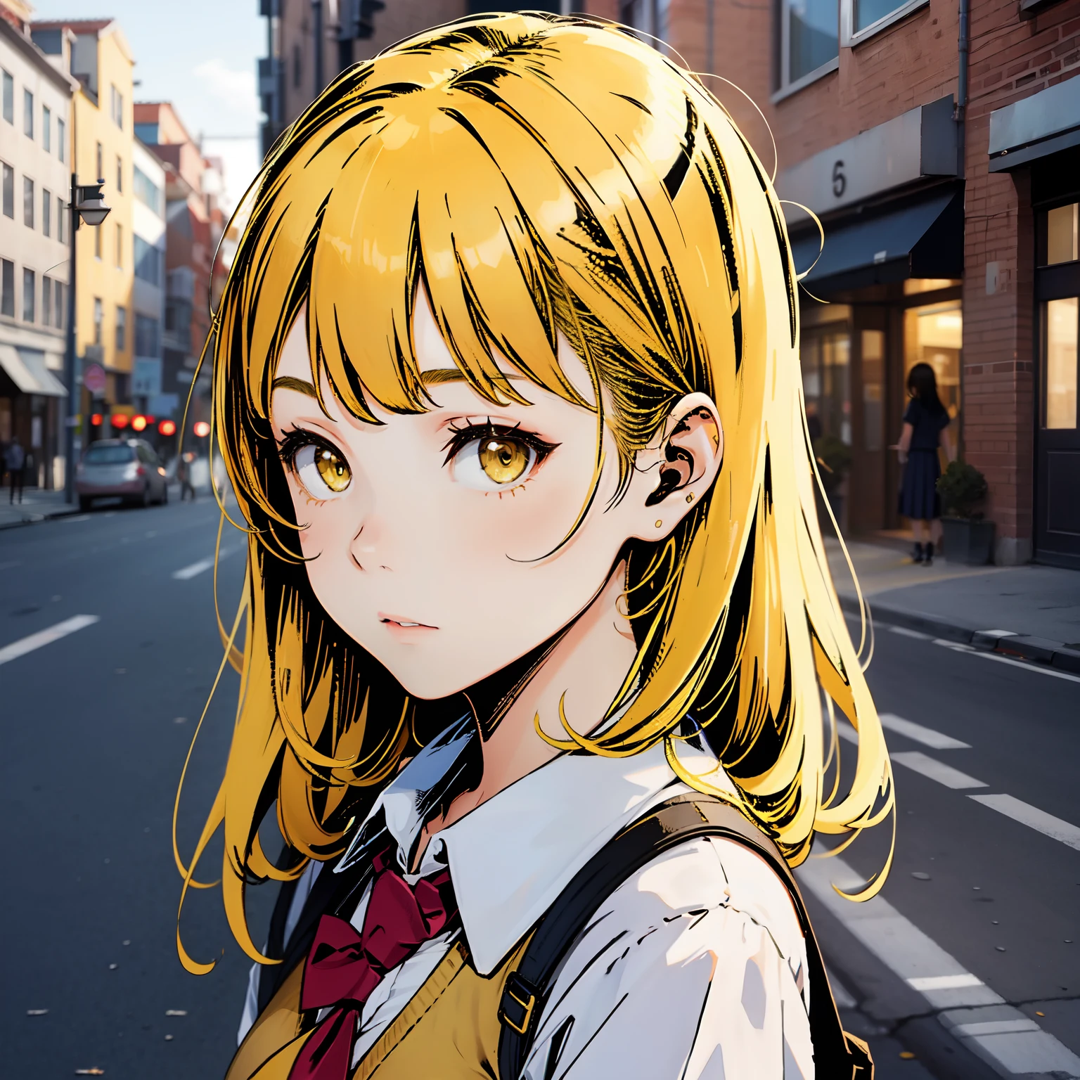 1girl, upper body, yellow hair, school uniform, street