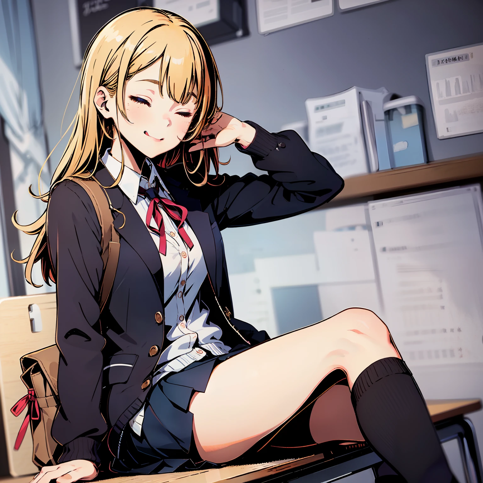 1girl, upper body,  (dynamic angle:1.2),  sitting on desk, (crossed legs:1.2), one eye closed, sobu high school uniform, skirt, pleated skirt, tongue out, jacket, full body, school uniform, bag, black jacket, tongue, brown footwear, brown eyes, ribbon, red ribbon, school bag, neck ribbon, socks, shirt, shadow, long hair, open clothes, looking at viewer, white shirt, cardigan, smile, kneehighs, brown hair, open jacket, ;q, miniskirt, black socks, sweater, pink cardigan, blonde hair, holding, blazer, ;)