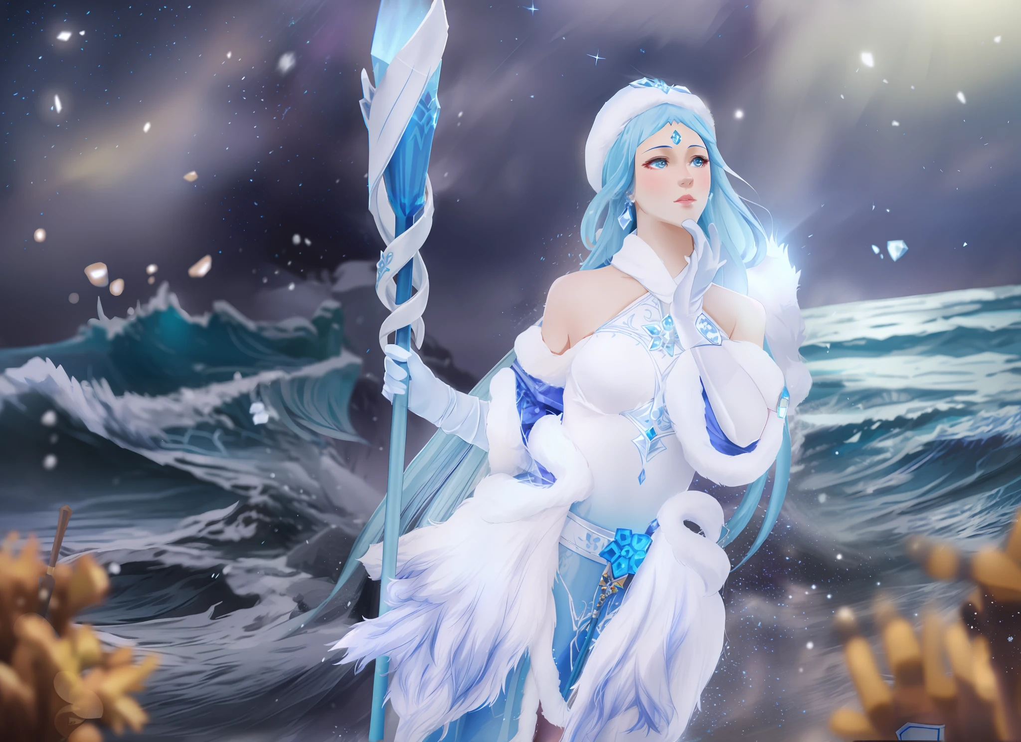 There was a woman in blue and white with a spear, ice sorceress, queen of ice and storm, crystal maiden, Anime cosplay, Ice Mage, Anime girl cosplay, goddess of winter, queen of the sea mu yanling, inspired by Li Mei-shu, beautiful ancient frost witch, professional cosplay, from league of legends