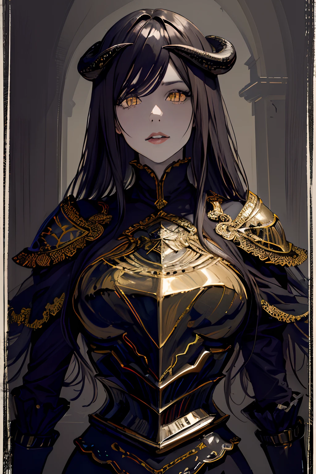 (masterpiece, top quality, best quality, official art, beautiful and aesthetic:1.2), cateyes,1girl, solo, (Stunning Eyes), armour, magic, light particles, upper body, extreme detailed, highest detailed, optical mixing, playful patterns, lively texture, unique visual effect, ((dark fantasy)), (darker colours:1.3), Ominous energy, eldritch Horror, ((Intricate Details)), (Onyx colours)