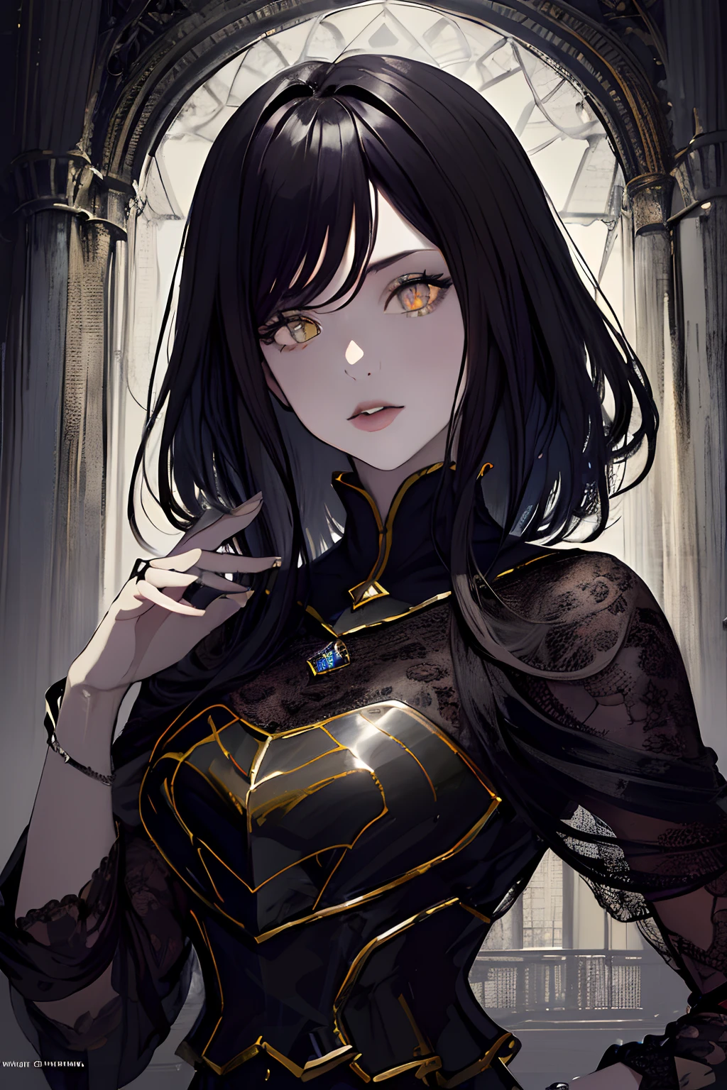 (masterpiece, top quality, best quality, official art, beautiful and aesthetic:1.2), cateyes,1girl, solo, (Stunning Eyes), armour, magic, light particles, upper body, extreme detailed, highest detailed, optical mixing, playful patterns, lively texture, unique visual effect, ((dark fantasy)), (darker colours:1.3), Ominous energy, eldritch Horror, ((Intricate Details)), (Onyx colours)