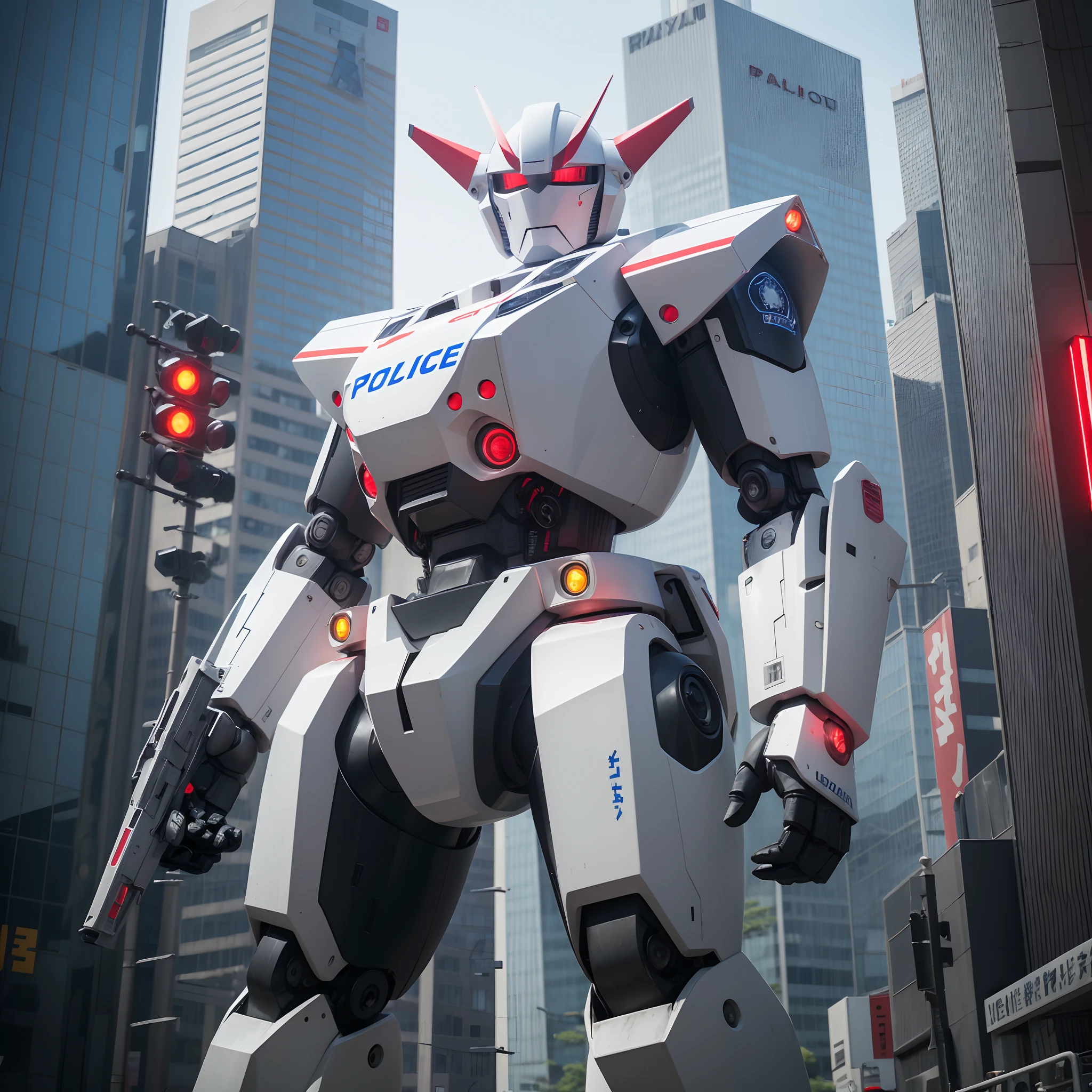 jpn、TOKYOcty、akihabara、Giant robot standing upright、Ingram of Patlabor、((A giant robot with a police motif))、((The body color of the robot is white and black))、((The word POLICE is printed on the body of the robot))、((Patlite parts are attached to the robot body))、((Red LED parts are attached to the robot body))、((Handgun in one hand))、Skyscraper District