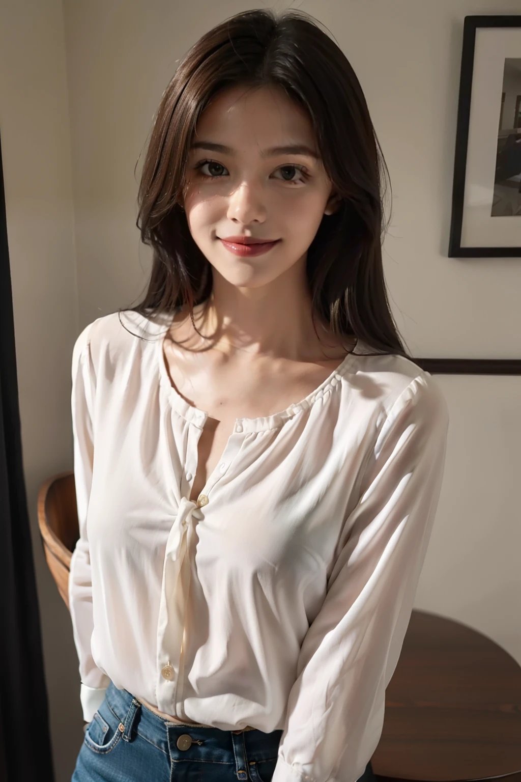1girl in,Blouse,Smirk