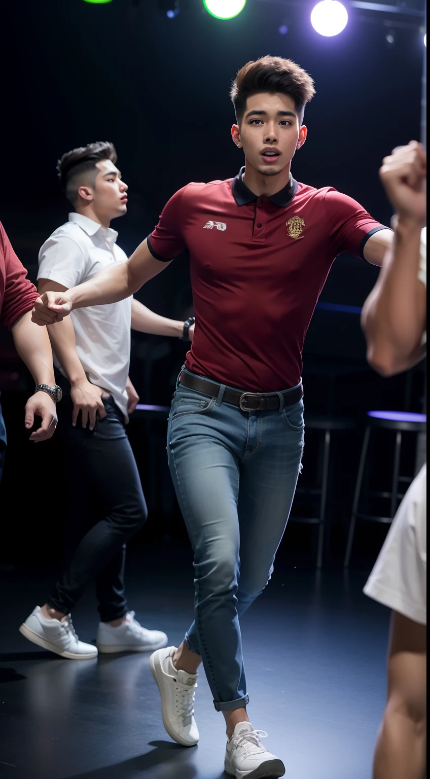 Malay teen dark skin boy (fattah amin:1.2) age 23 years old wearing maroon polo shirt and jeans dancing to the clubhouse song with friends in the busy crowded nightclub, looking at the camera, skinny boy, short, handsome, small muscle, dark skin, detail skin texture, realistic skin, white sneakers, nighttime, people dancing background, blur background, colorful spotlight background, ray lighting, dark ambient,