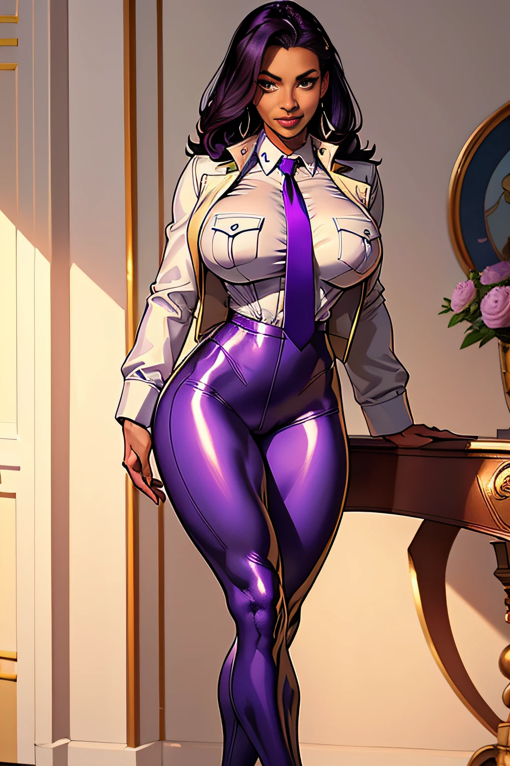 Five-fingered、Colossal tits、1 Female Alafe Air Force Officer、thin and long legs,、Fitness Model、musculature、abdominals、Metallic white shirt with breast pocket、Purple jacket and long trousers、neck tie、Class Chapters、decoration、skin tanned、glistning skin、Cool smile、Pose ready to fight
