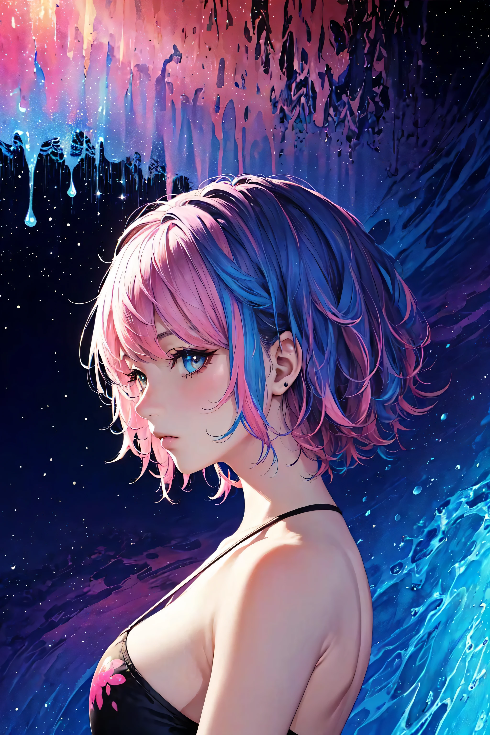(masterpiece, top quality, best quality,watercolor (medium),official art, beautiful and aesthetic:1.2),(1girl:1.3), (fractal art:1.3),upper body, from side, looking at viewer,patterns,(rainbow color Hair,colorful hair,half blue and half pink hair:1.2),water,liquid, cloud,colorful, starry,stars,