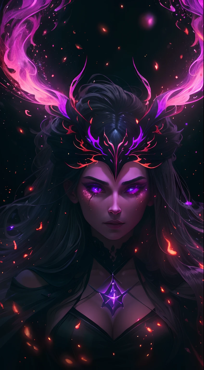 The witch of the demon who casts the fire spell, Highly detailed, Hyperrealistic, Cinematic lighting, Dark, space backdrop, Soft cinematic lighting, (back lit lighting:1.2), (full bloom:1.2), (glittery:1.1), (color difference:1.2), Sharp focus, High contrast