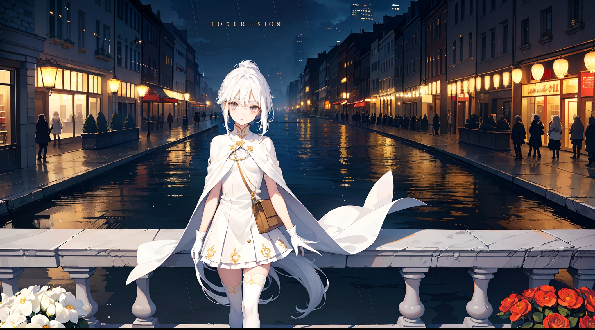 ((Masterpiece)),(Best quality),(Solo),(A high resolution),((extremely detailed CG wallpaper)),(Cinematic lighting:1.3),((Extremely detailed illustration)),(Best shadow),Dynamic Angle,Depth of field,(Reflection),(Upper body:1.3), ((european buildings,Walk through the streets outside,There are shops on the street,Shop signage and paintings,Balcony,fountain,pedestrian walkway,flower,benches,Plants in pots,Rainy,Dusk,full of lights)), (1girll:1.4),(:1.4),(Petite:1.3),(kawaii),(a beauty girl:1.2),(Long white cape:1.2),(Bare legs),(Pearl white eyes:1.3),(White hair:1.3),Smooth hair,Black gloves,(Delicate clothes),ahoge,(Long white ponytail:1.2),(A cute face that is extremely delicate:1.2),(Expressionless:1.3),(indifferent:1.2),mute,(Beautiful detailed face:1.3),(White knee boots),(China Judicial Coordination Organization:0.85)
