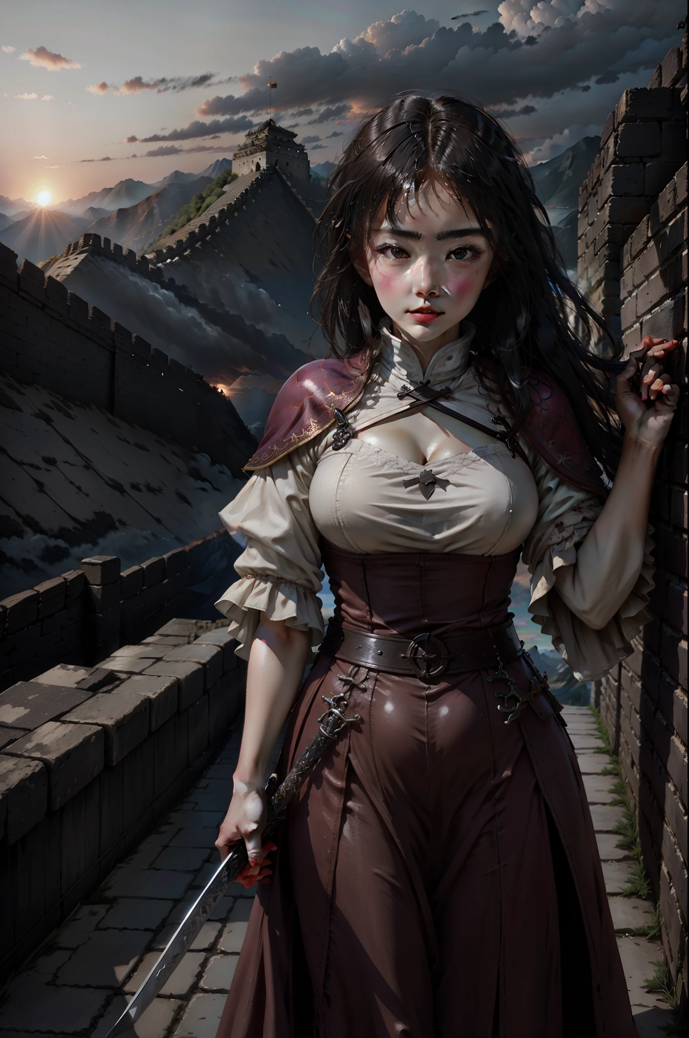 holding a longsword,the great wall,Gorgeous sunset,Mysterious clouds。