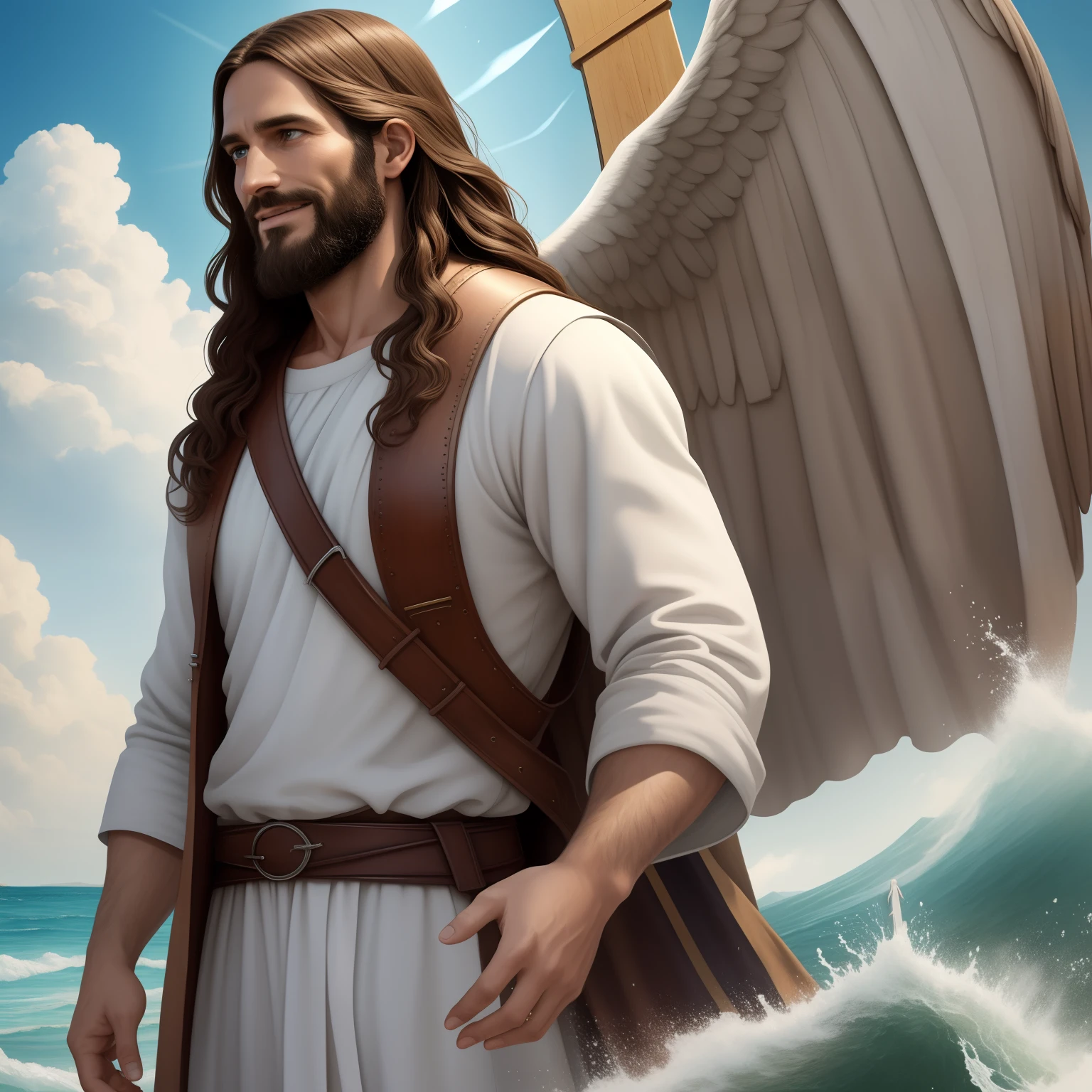 Almighty god Jesus christ ( Cross) ( jesus cross) blessing to the sky 35 years old with a long brown hair and long beard, heaven blessings light with a cross background) happy face, realistic 8k,A beautiful ultra-thin realistic portrait of Jesus, the prophet, a man 35 years old Hebrew brunette, short brown hair, real perfect eyes, long brown beard, with, Helping People , wearing long linen tunic closed on the chest part, in front view, full body, biblical, realistic,by Diego Velázquez,Peter Paul Rubens,Rembrandt,Alex Ross,8k, Concept Art, PhotoRealistic, Realistic, Illustration, Oil Painting, Surrealism, HyperRealistic, helping people , Digital art, style, watercolorReal Jesus flying on sky with a flying cloud in the background, Jesus walking on water, biblical illustration, epic biblical representation, forcing him to flee, coming out of the ocean, ! holding in hand!, disembarking, god of the ocean, beautiful representation, 8k 3D Model, realistic,
a 3D Realistic of jesus with a halo in the sky, jesus christ, smiling in heaven, portrait of jesus christ, jesus face, 35 young almighty god, portrait of a heavenly god, greg olsen, gigachad jesus, jesus of nazareth, jesus, the face of god, god looking at me, he is greeting you warmly, he is happy, avatar image