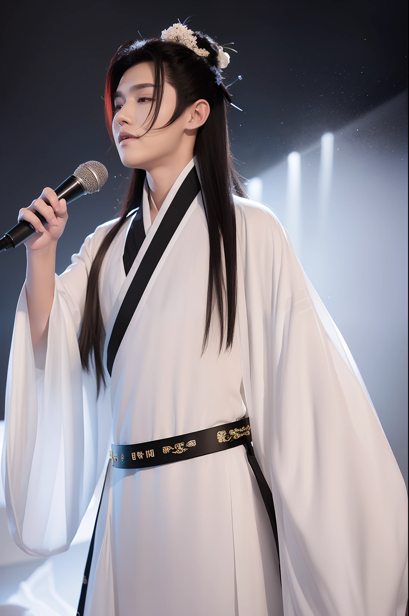 Young male idol singer singing informally in front of a small audience of fans, he sings a capella, no microphone, dressed in white hanfu, long black hair, old chinese hairstyle. Fans in modern clothing. Cinematic lighting.