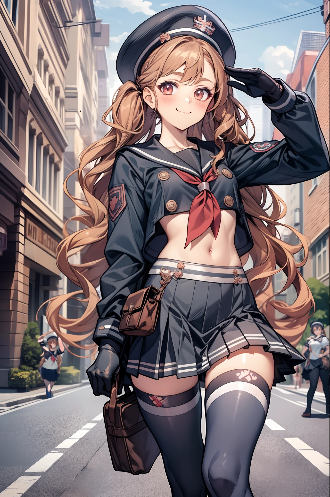 masterpiece, best quality, miranda, hat, serafuku, midriff, red neckerchief, pleated skirt, black gloves, black thighhighs, cowboy shot, looking at viewer, smile, city street, closed mouth, hand to hip, salute