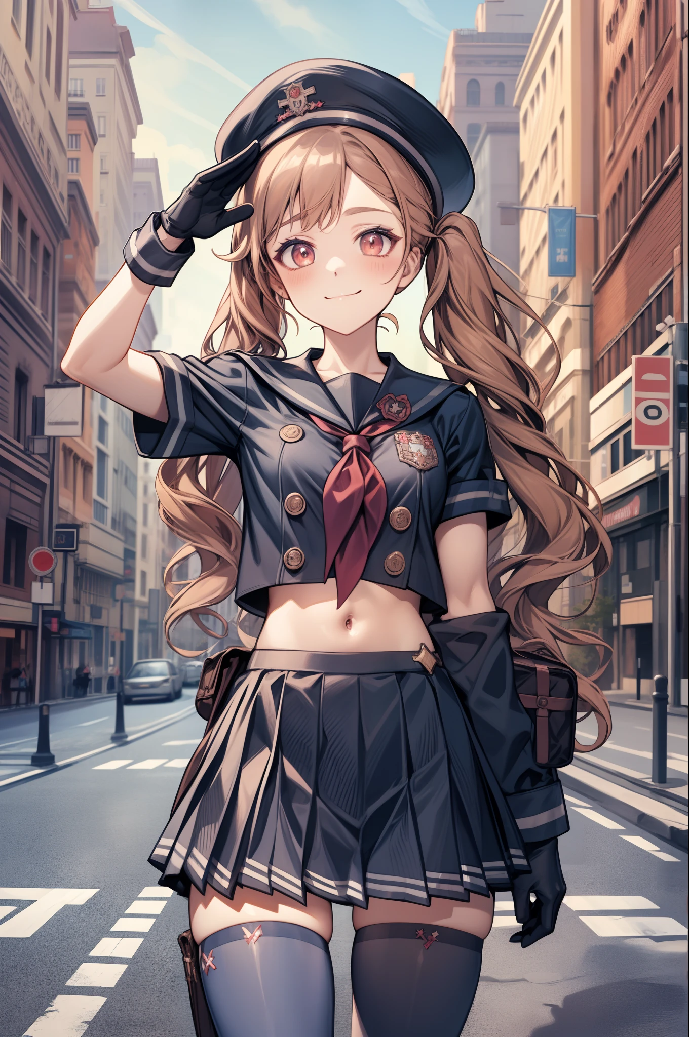 masterpiece, best quality, miranda, hat, serafuku, midriff, red neckerchief, pleated skirt, black gloves, black thighhighs, cowboy shot, looking at viewer, smile, city street, closed mouth, hand to hip, salute