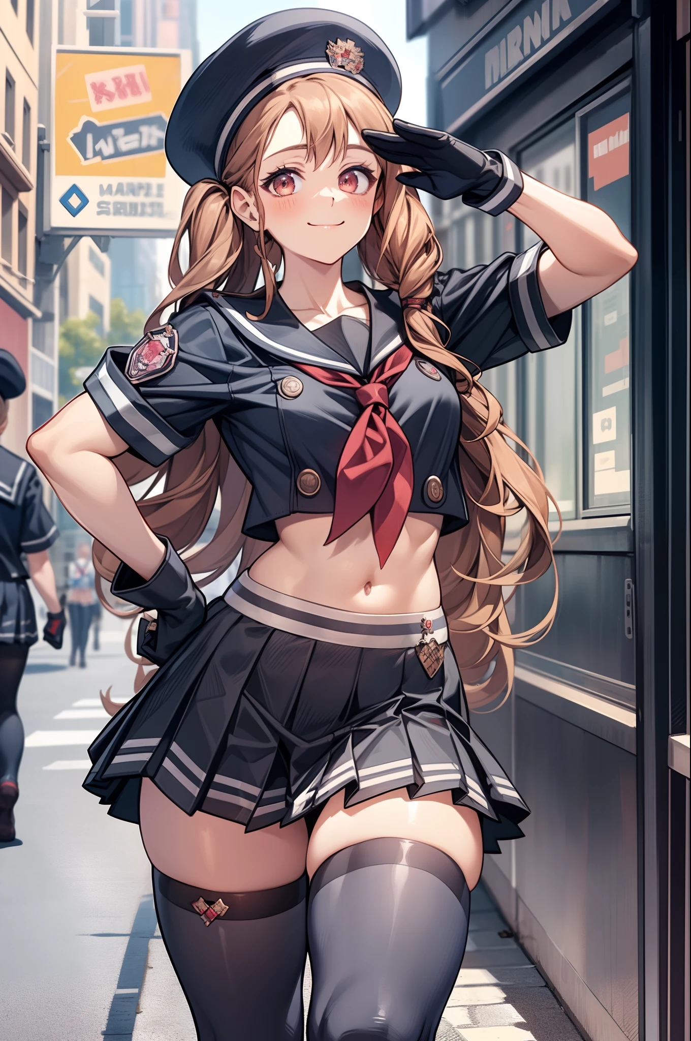 masterpiece, best quality, miranda, hat, serafuku, midriff, red neckerchief, pleated skirt, black gloves, black thighhighs, cowboy shot, looking at viewer, smile, city street, closed mouth, hand to hip, salute