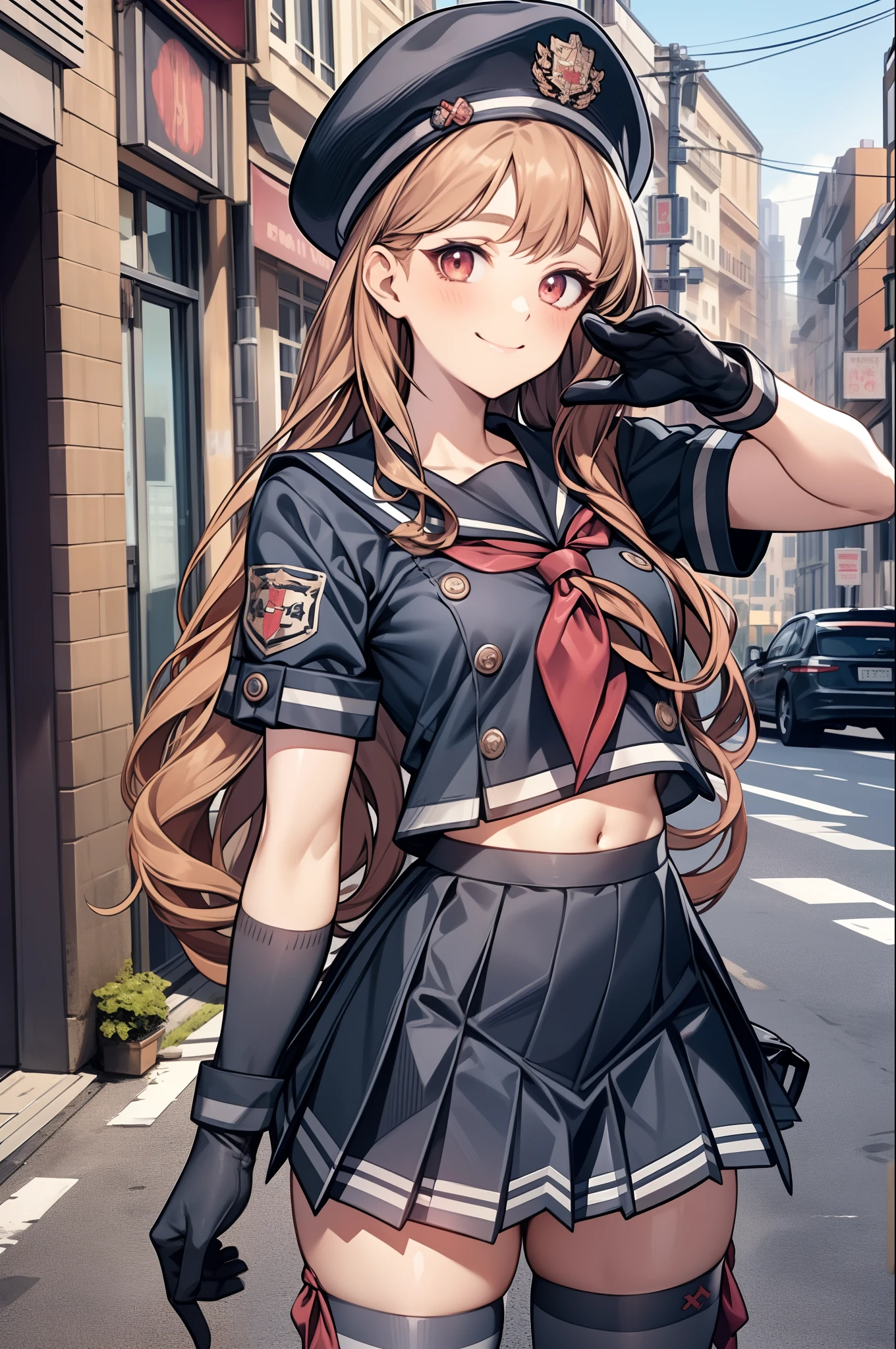 masterpiece, best quality, miranda, hat, serafuku, midriff, red neckerchief, pleated skirt, black gloves, black thighhighs, cowboy shot, looking at viewer, smile, city street, closed mouth, hand to hip, salute