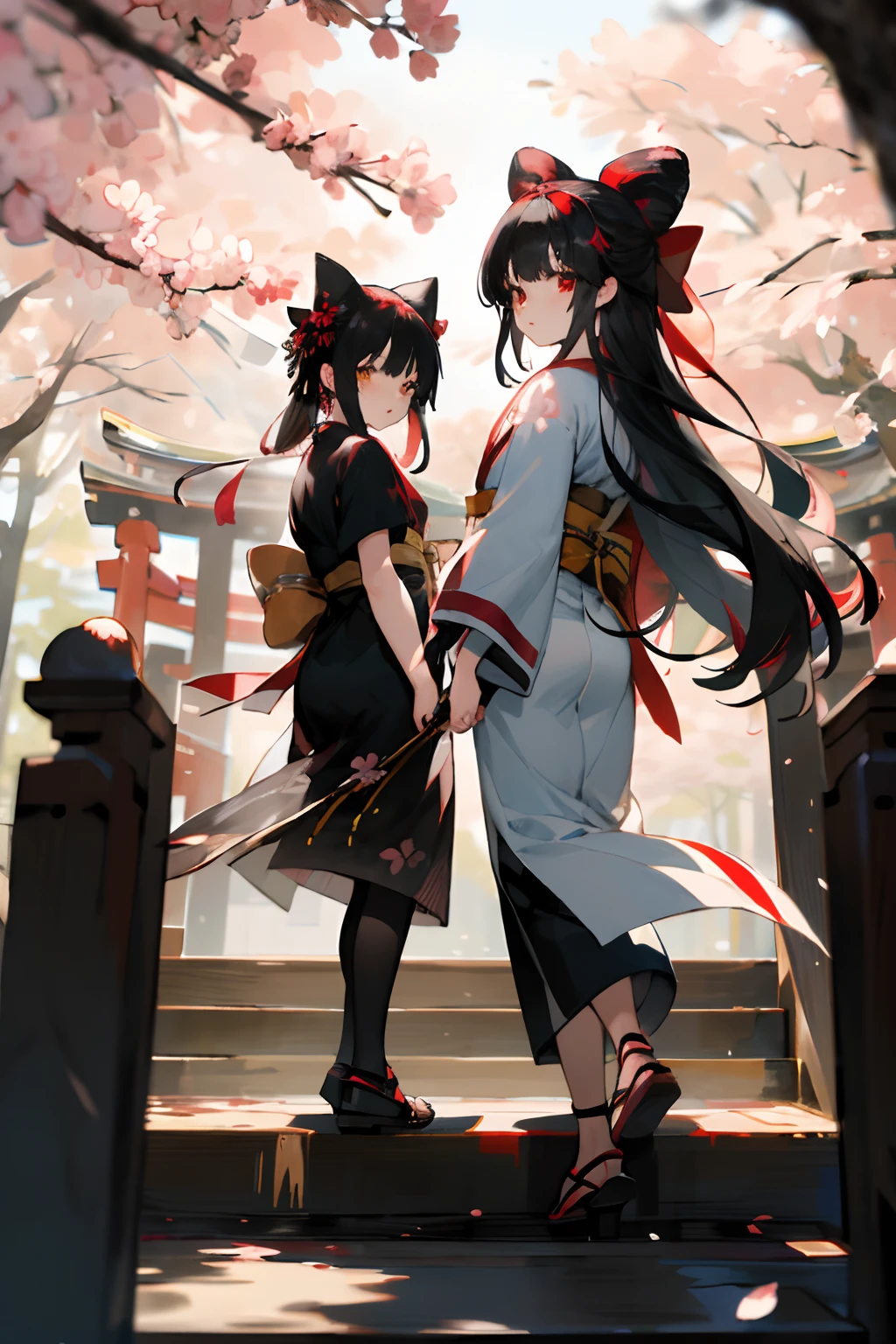 ((masterpiece,best quality)),2girls, black kimono, black legwear, black ribbon, black hair, cherry blossom, daytime, flower, bun, hair ribbon, japanese clothes, kimono, long hair, viewer, looking back, multiple girls, obi, outdoors, red eyes, red hair, ribbon, sandals, single hair bun, stairs, standing, statue, torii, tree, white kimono, yellow eyes