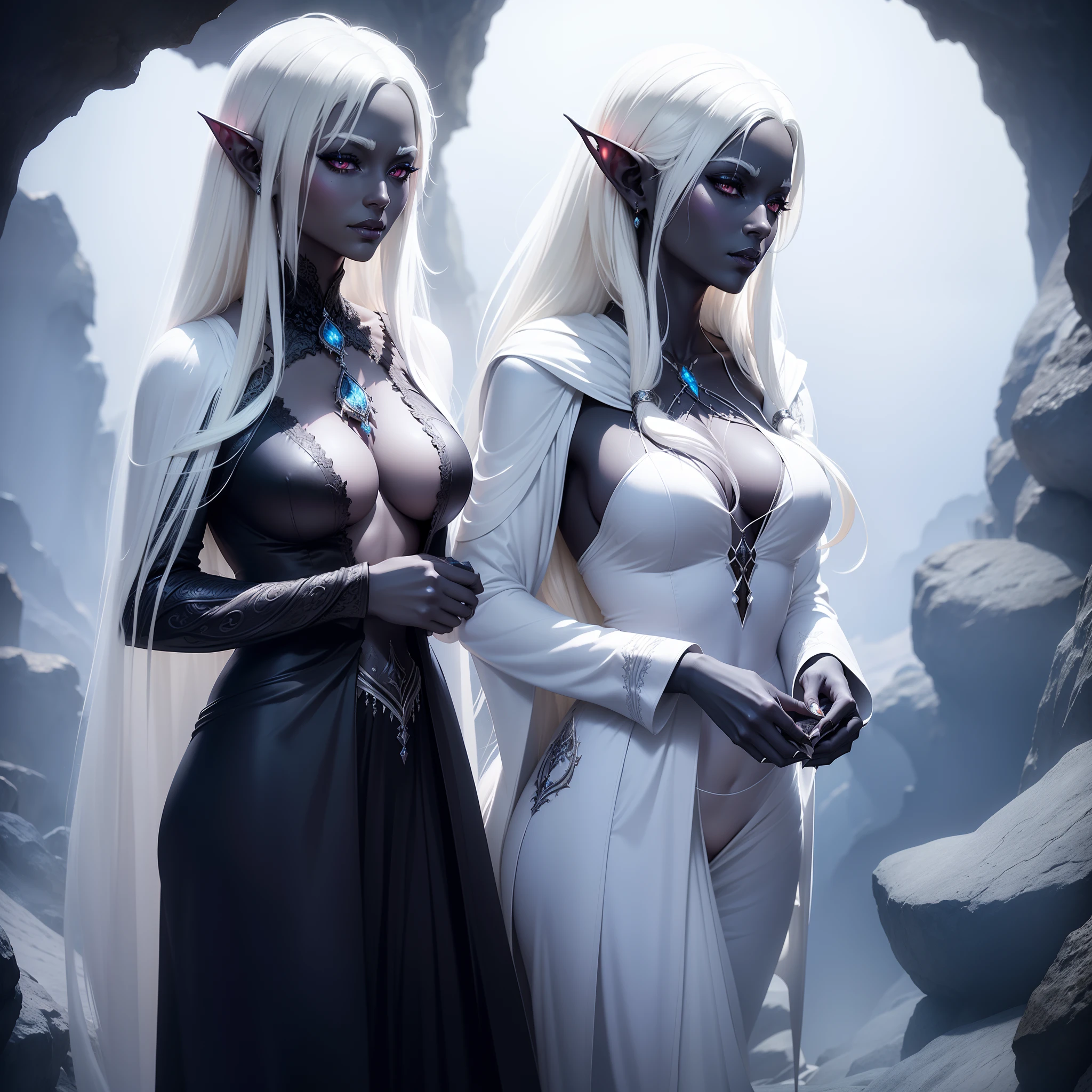 (SFW:1), masterpiece, 8k, best quality, highly detailed, Beautiful drow priestess in robes with a high cut out, cave, (white hair:1.4), dark elf, Menzoberranzan, wolfspider in the background
