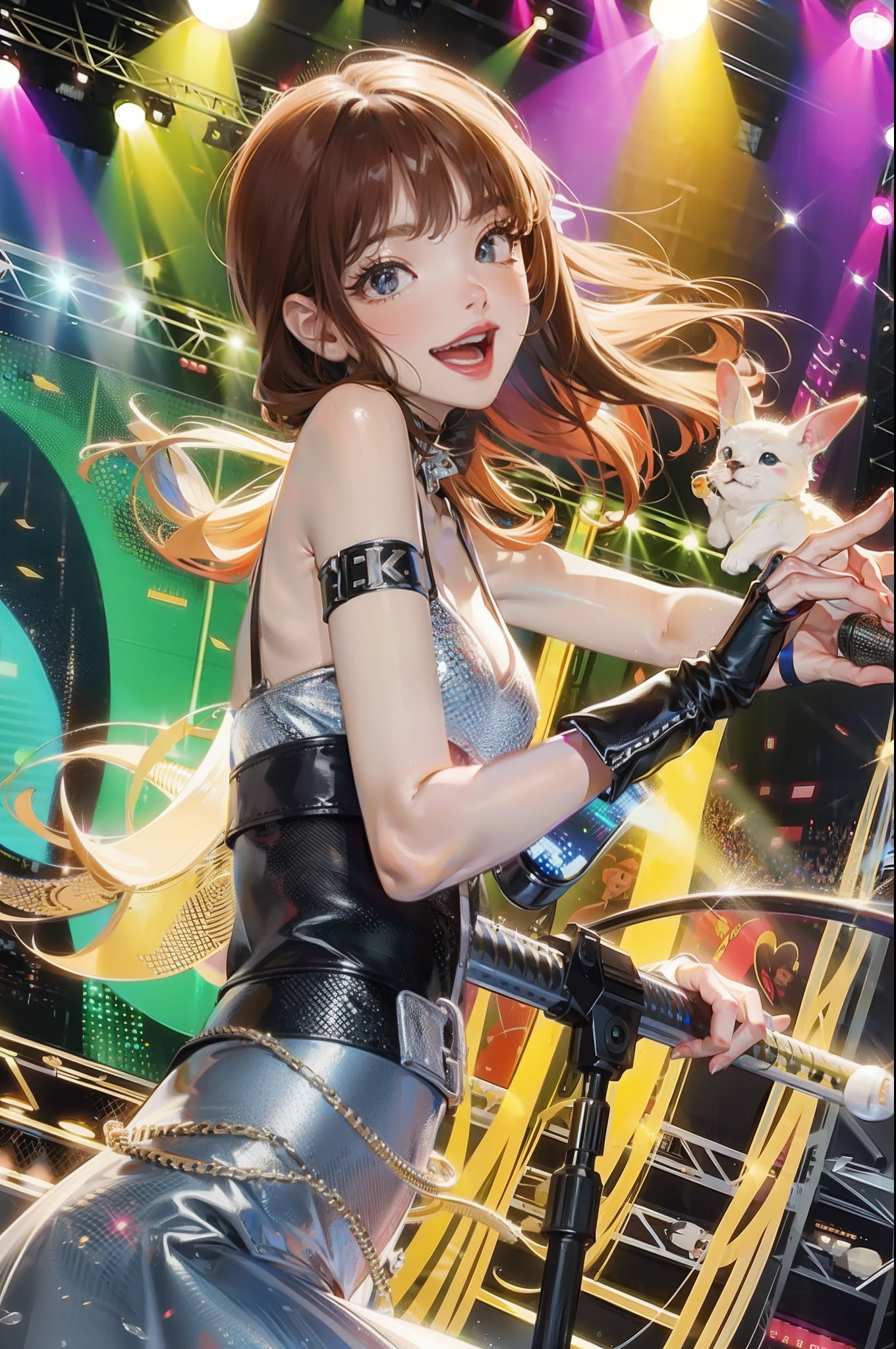Idol singer,microphones,stage,Brilliant lighting,Beautuful Women,stocklings