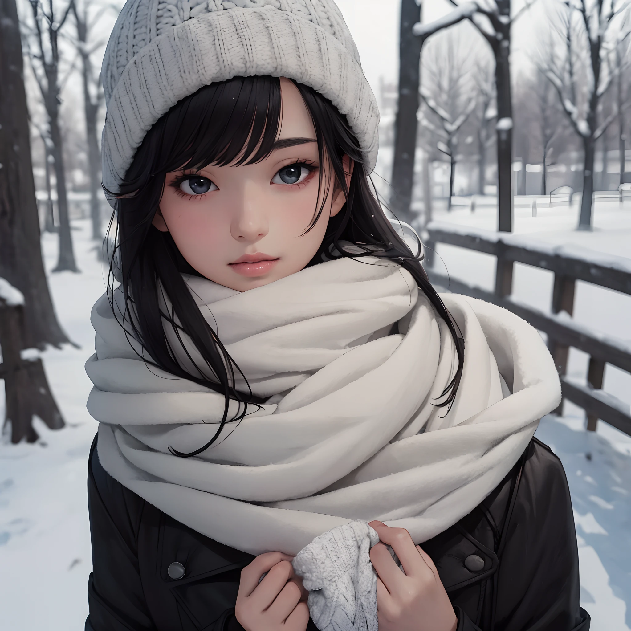 masterpiece, best quality,1girl, solo, black hair, scarf, hat, realistic, looking at viewer, black eyes, long hair, coat, winter clothes, white scarf, lips, bangs, outdoors, closed mouth, upper body