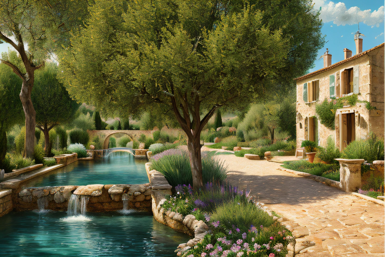 Provencal landscape, eau, (Extremely detailed CG Unit 8k wallpaper), World's most beautiful work of art, Professional majestic oil painting, complexe, High detail, mise au point nette, dramatique, Photorealistic painting art