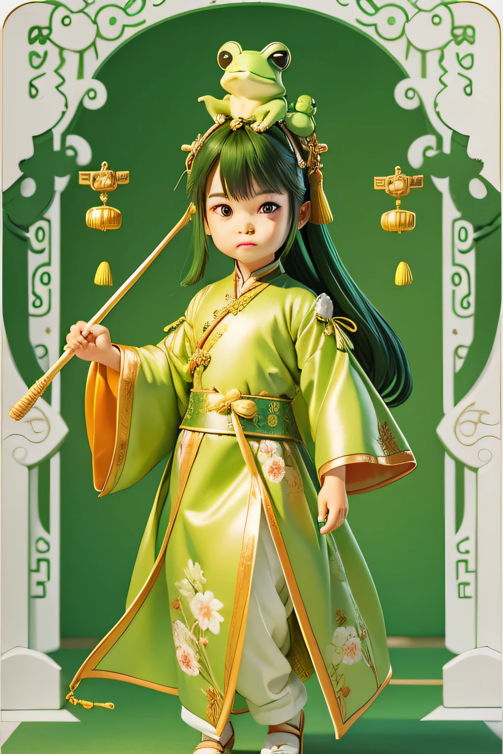 Green shoulder-length hair，a ，Comb in hand，Cute little frog on the head，archer，Chinese-style clothing，vivaciousness