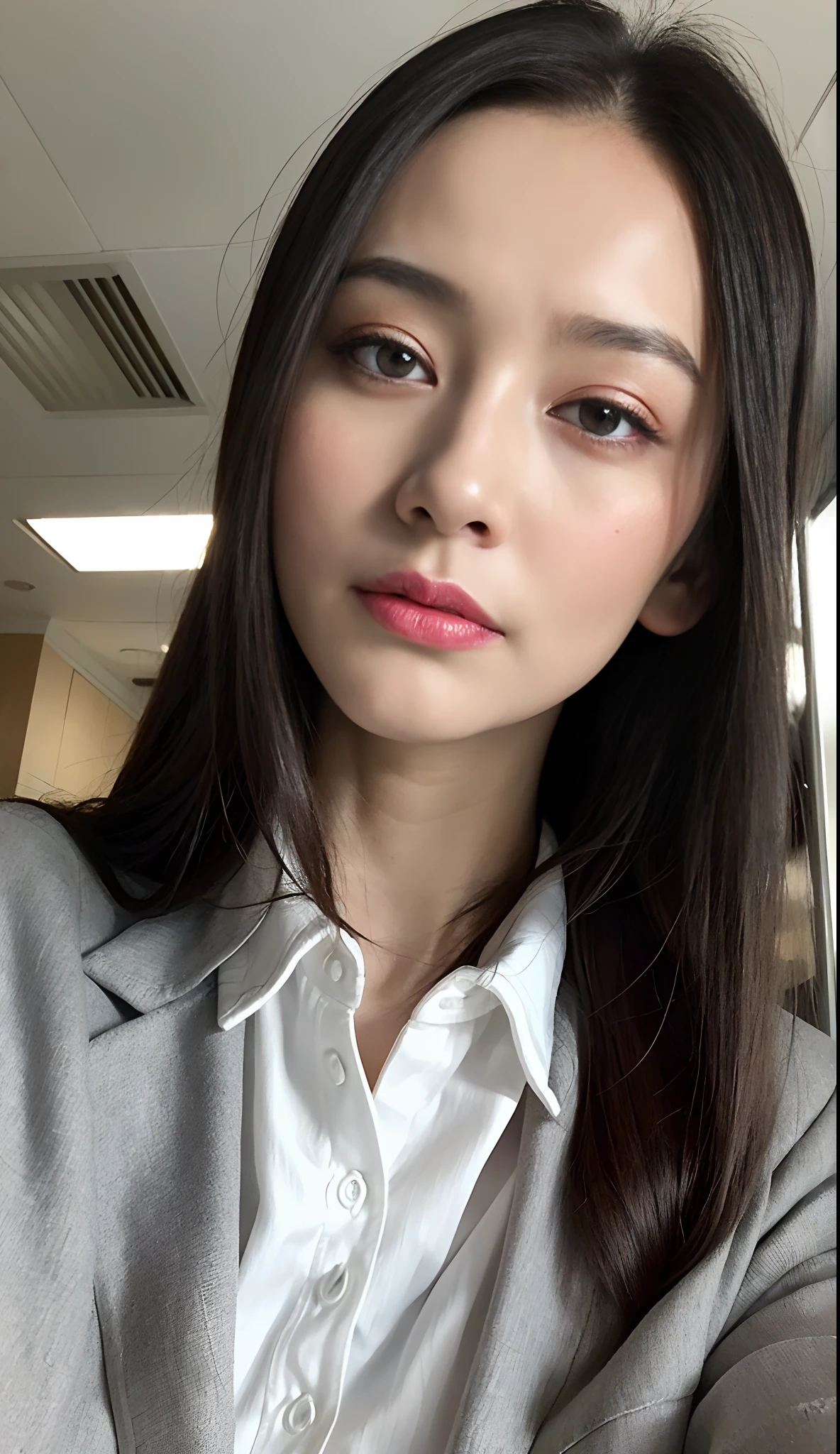 ((Best Quality, 8k, Masterpiece, masterpiece,best quality)), glare, (1 milf), ((from below:1, close up:0.5, Looking at Viewer)), gray blazer, white shirt, double eyelid, eyelash, lip gloss, (seductive expression:1.5), ((close eyes:0.85)), ((Straight Looking at Viewer)), RAW, nobody office,