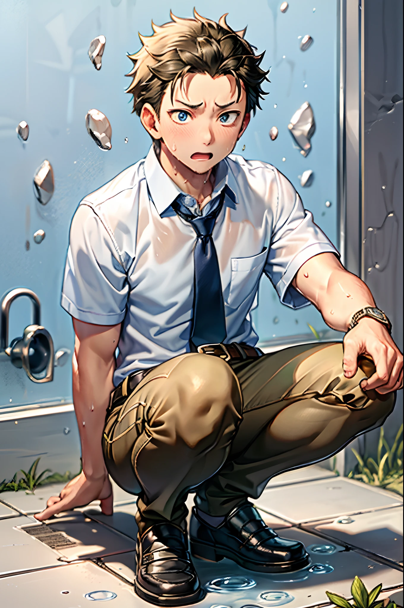 (1 Adult male),A high resolution, Sharp focus, Pixiv masterpiece, ((Complicated details)), highly detailed, natsuki_subaru,Multi-view upper body,Suit pants view, 1 man,is shy,Pee on the legs,pissing,Urine runs down the thighs,embarressed,exhilarated,is shocked,panicking,worry,A small puddle of their own urine forms around the feet,full bodyesbian,kneels on the ground,Very eager to pee,It's uncomfortable,Wet yourself,Urine discharge, Sweaty crotch,Drenched,rain,The shirt is soaked,(A gesture of pleading),blue color eyes(eyes glowing), Short yellow hair,white shirt,Wear a tie,Wear a belt,Black suit trousers,perspire,look from down
