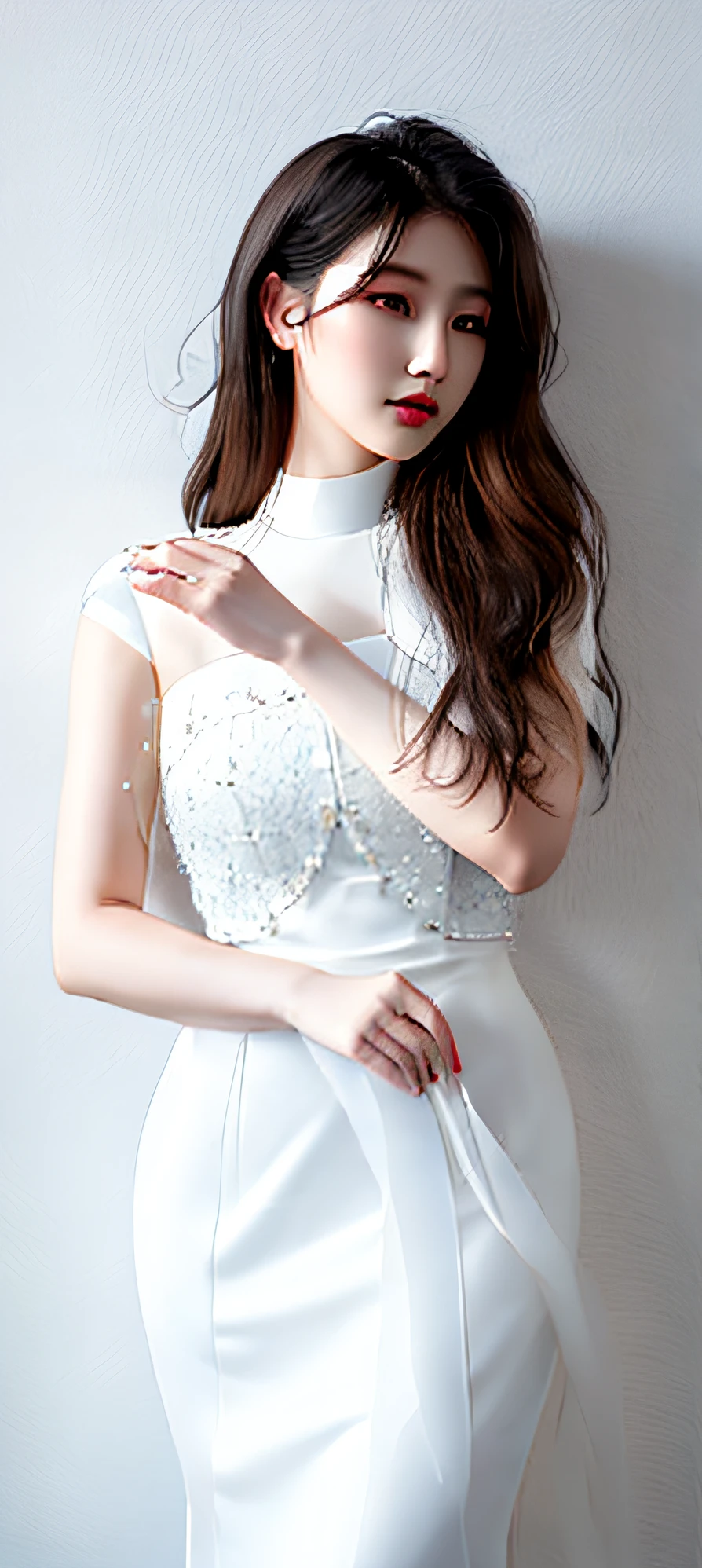 a woman in a white dress posing for a picture, inspired by Sim Sa-jeong, full-body xianxia, pale milky white porcelain skin, jia, pale snow-white skin, Milky white skin, digital art of an elegant, bae suzy, a beautiful woman in white aodai, wearing white clothes, Porcelain white skin, krystal, pale porcelain white skin, Smooth translucent white skin